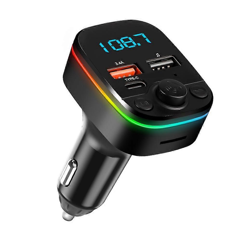 Car FM Transmitter Wireless Bluetooth 5.0 Mp3 Player Type-C 3.4A Dual Port USB Fast Charger with Remote Control Ambient Light Handsfree Audio Receiver