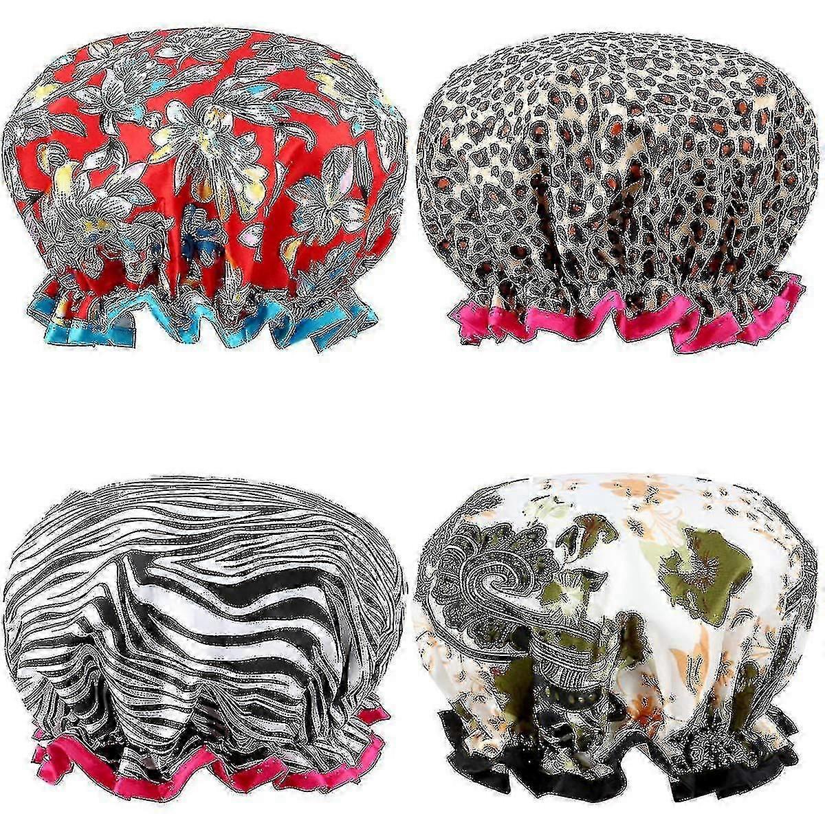 Shower Cap,4 Pack Bath Cap Designed For Women Waterproof Double Layer