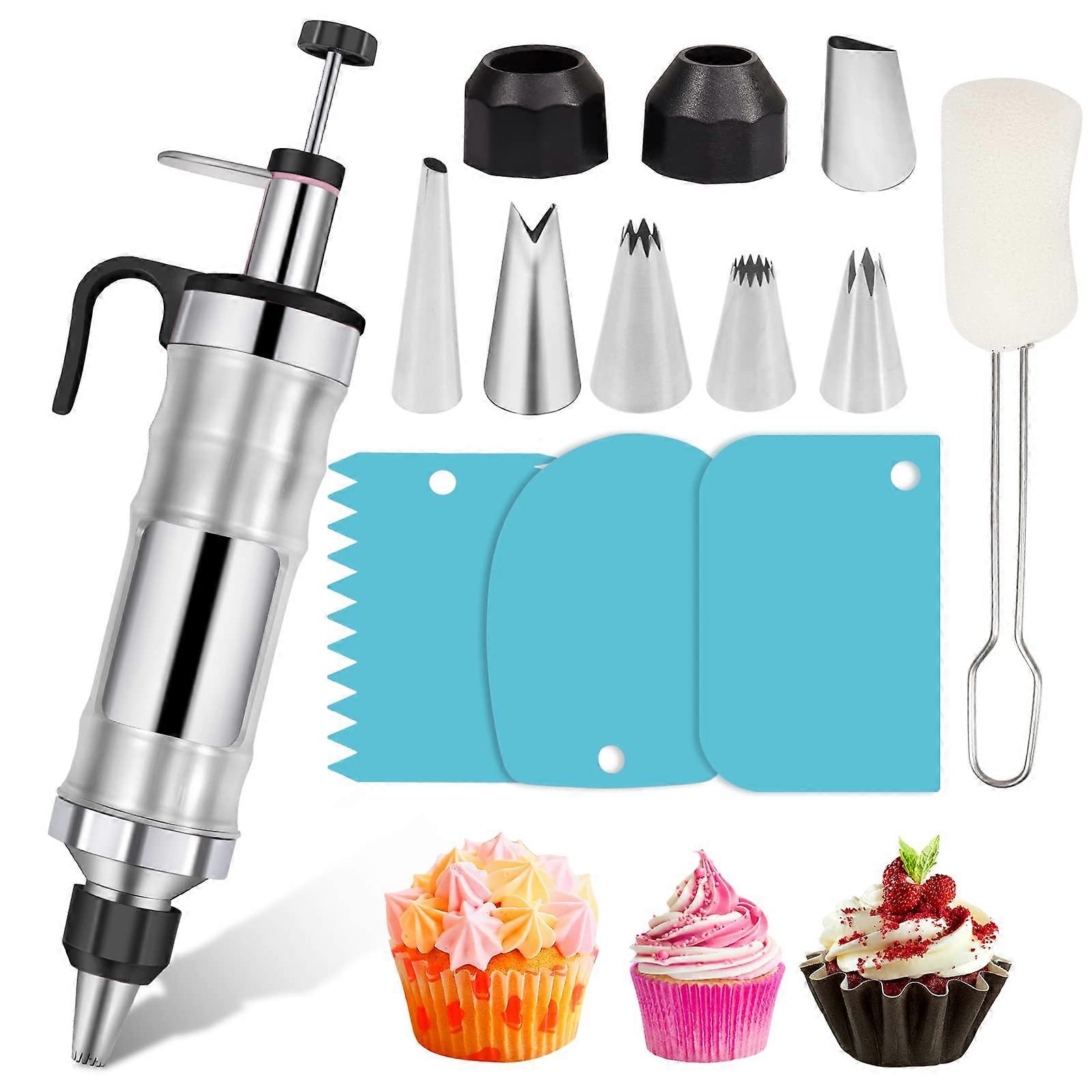 Dessert Decorating Syringe Set for Cupcake Frosting - 12-Count Reusable Pastry Bags with Multiple Nozzles, BPA-Free Material