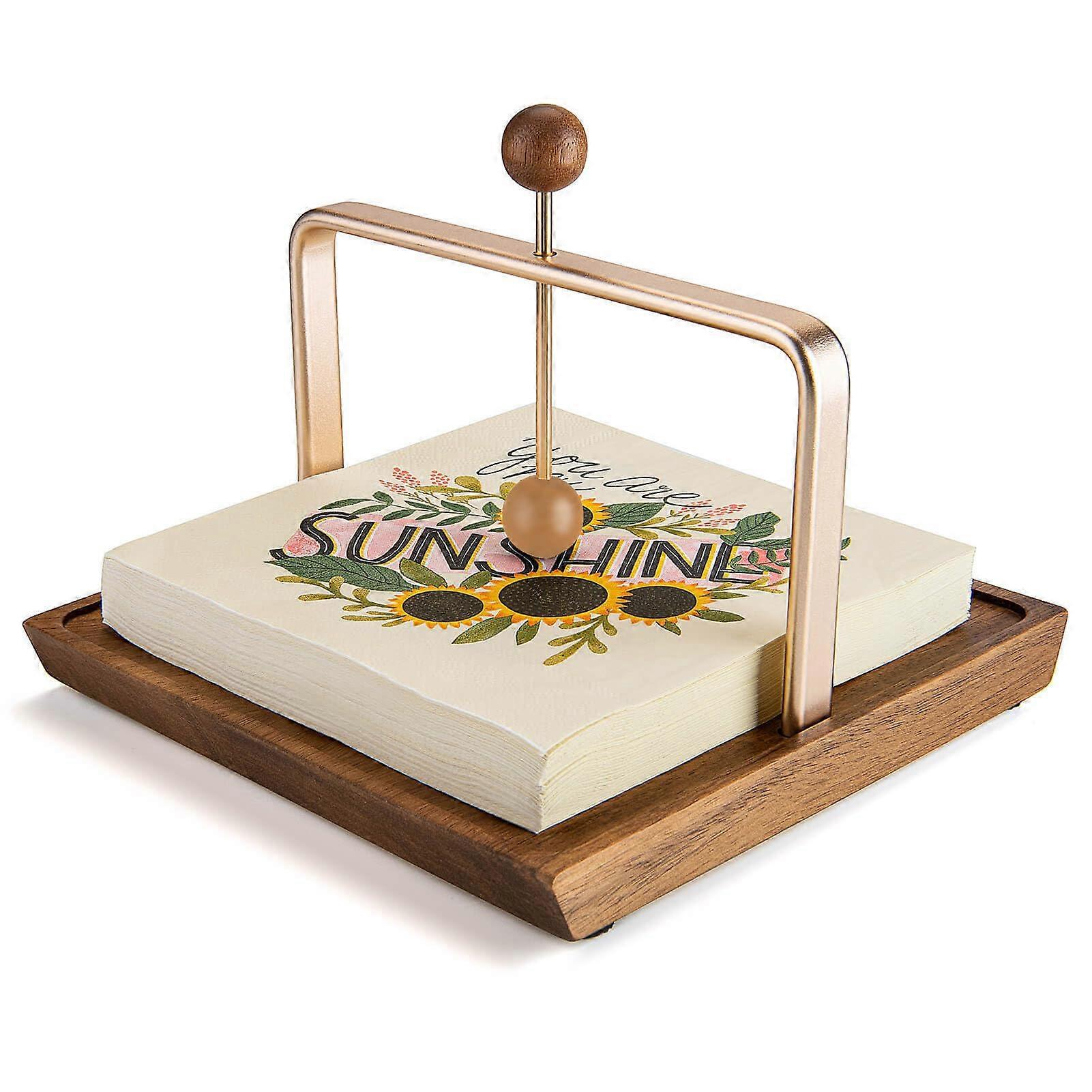 Wooden Napkin Holder with Metal Bar Design for Kitchen Tabletop Organization, Rustic Style, Durable Material, 6.5 x 4.5 Inches