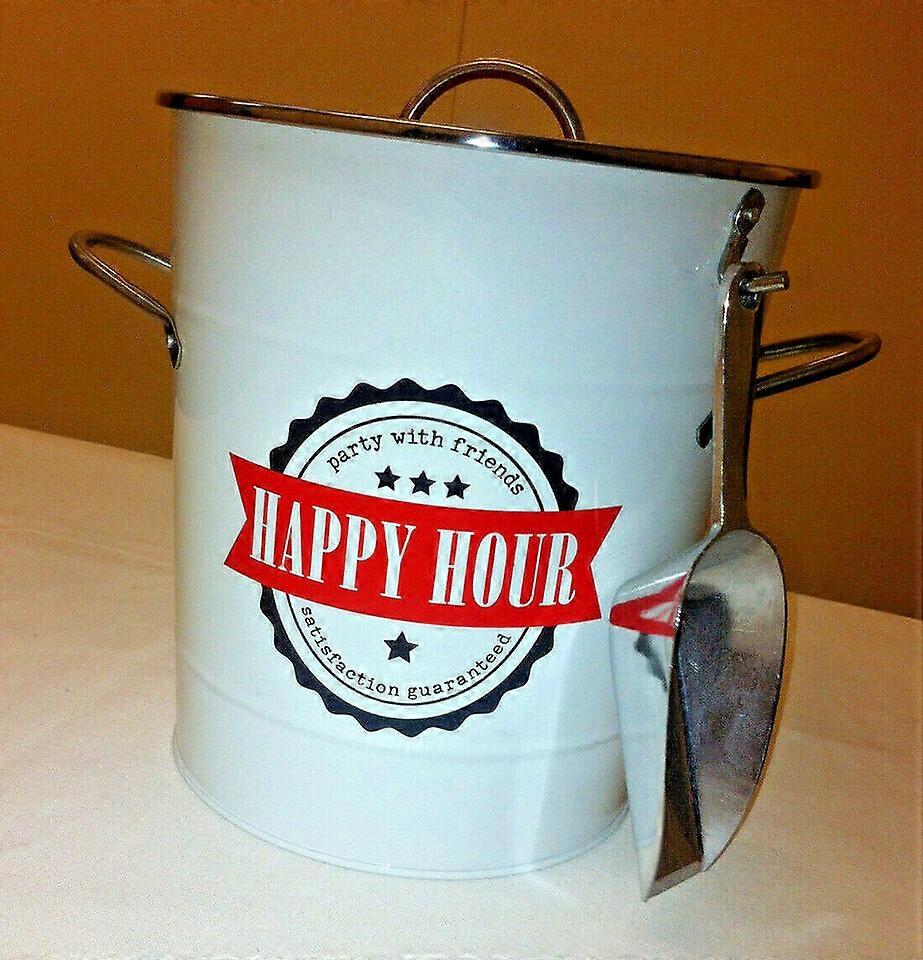 New Parlane White `Happy Hour` Tin Ice Bucket With Scoop