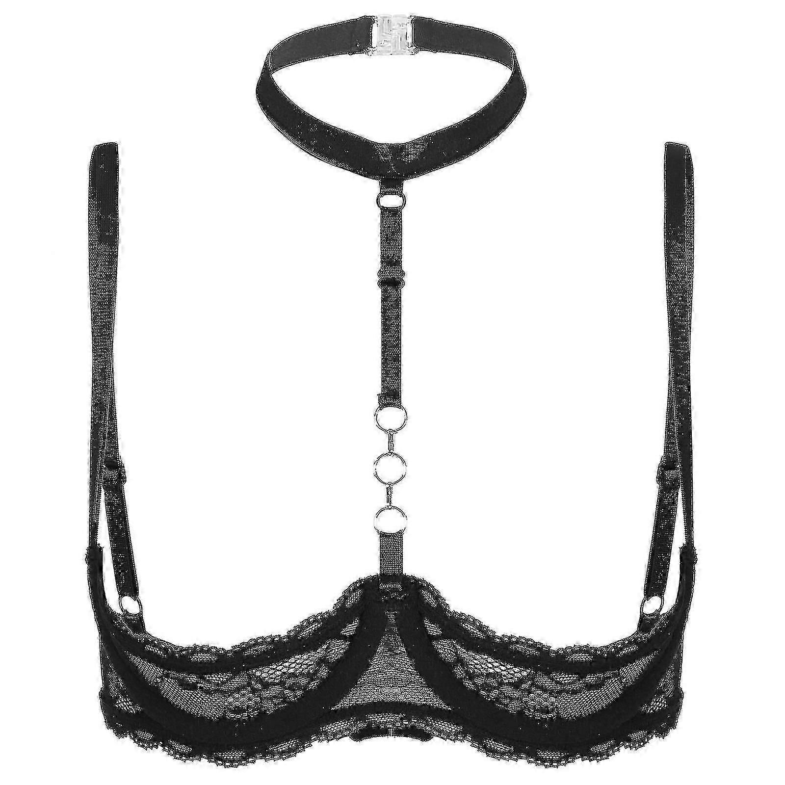 Női 1/4 csésze Underwire melltartó Halter Neck O gyűrű áttetsző csipke push up melltartó Brassiere fehérnemű mell nyitott melltartó Underwear_FC10