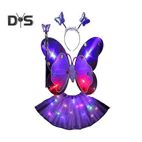 Girls Butterfly Wings Costume Prop with Wand And Hairband LED Glowing A-line Mesh Scarttered Cake Skirt New Year Party Stage Show Outfit