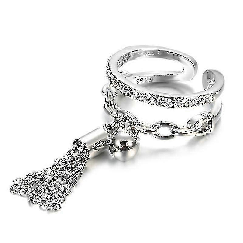Zircônia Link Chain Tassel Anel de dedo com pingente de espigão para mulheres Design aberto