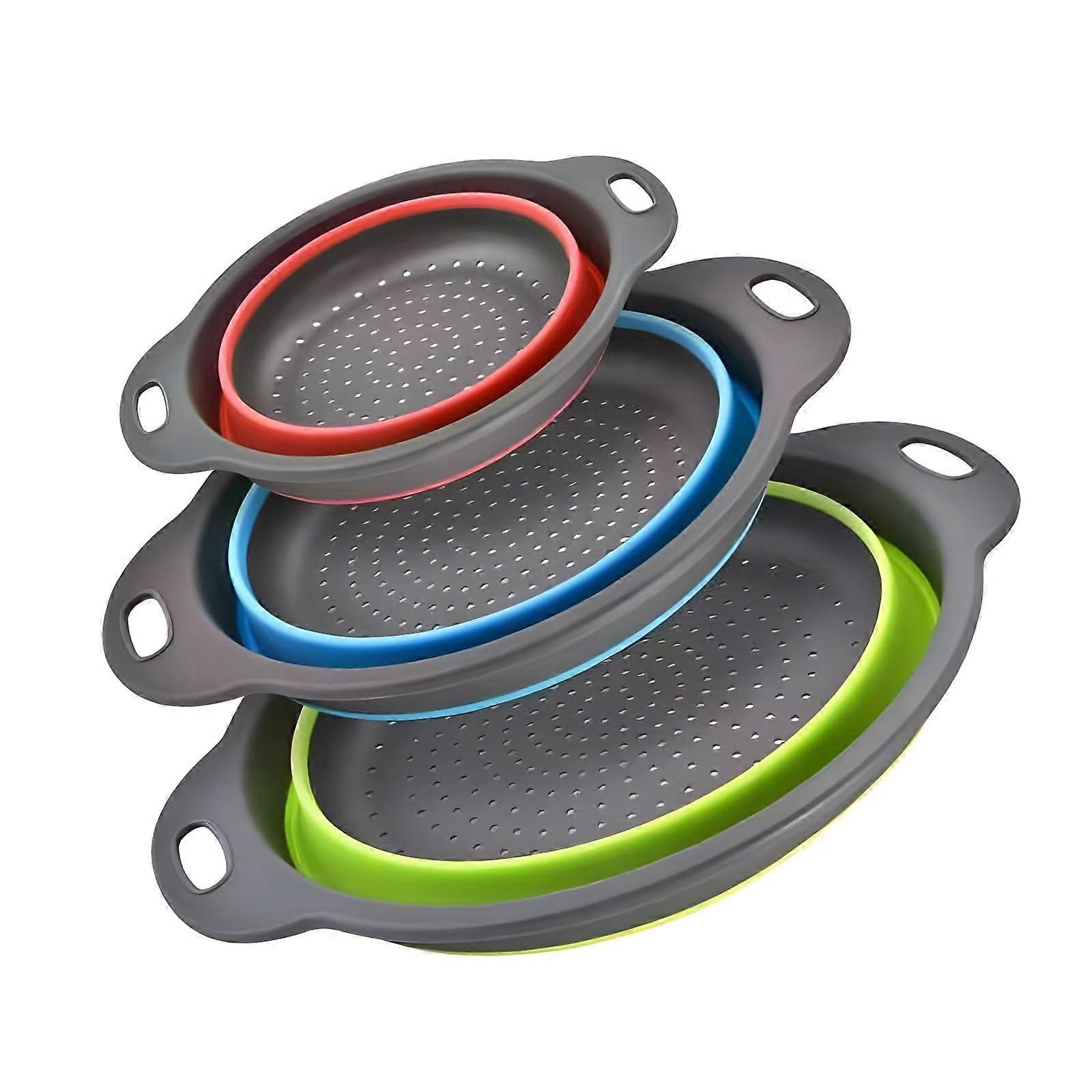 Collapsible Silicone Colander Strainers Set - 3 Pack (3Qt, 4Qt, 5Qt) for Kitchen, Dishwasher Safe, Space Saving Design in Green, Blue, Red