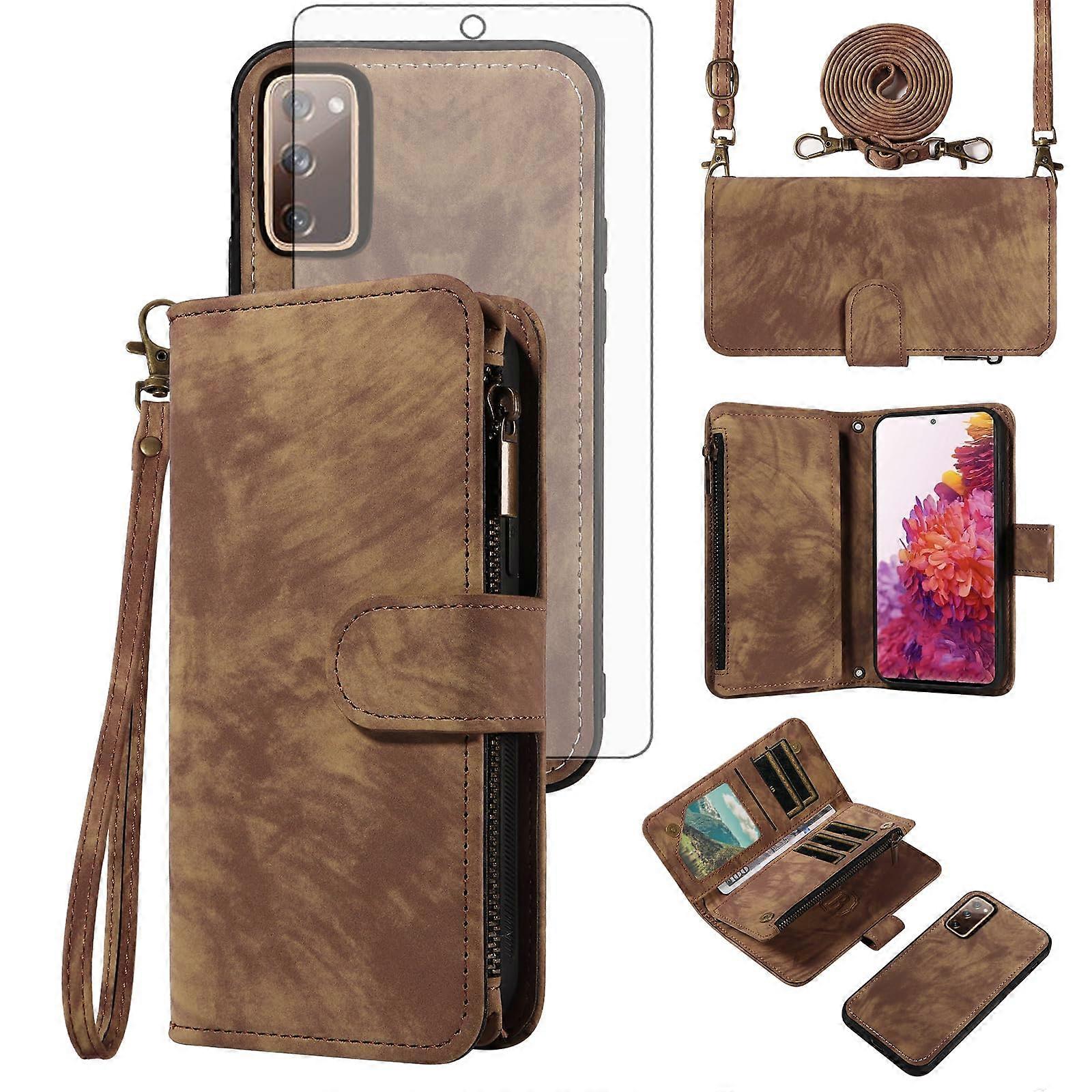 Phone Case for Samsung Galaxy S20 FE 5G 6.5 Inch Zipper Wallet Case With Strap And Screen Protector Card Holder Brown