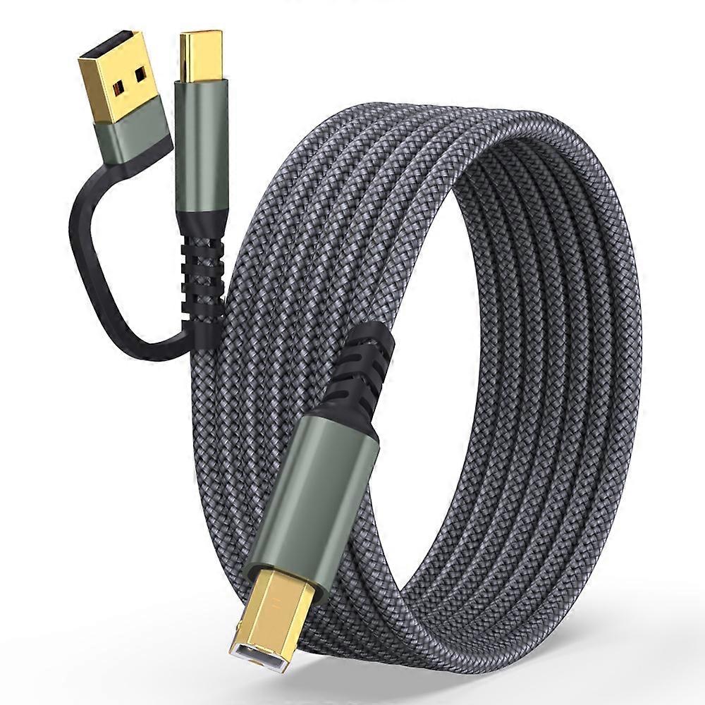 2m USB Type-C to Square USB Type-B 2 in 1 Printer Cable Braided Printing Connection Cord - Grey