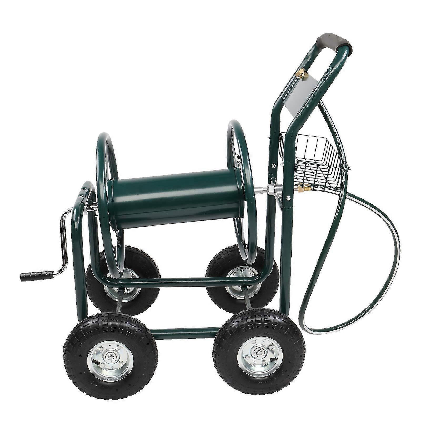 Water Hose Winding Reel Cart 4 Wheels Durable Garden Hose Storage Cart with Basket for Easy Movement and Organization