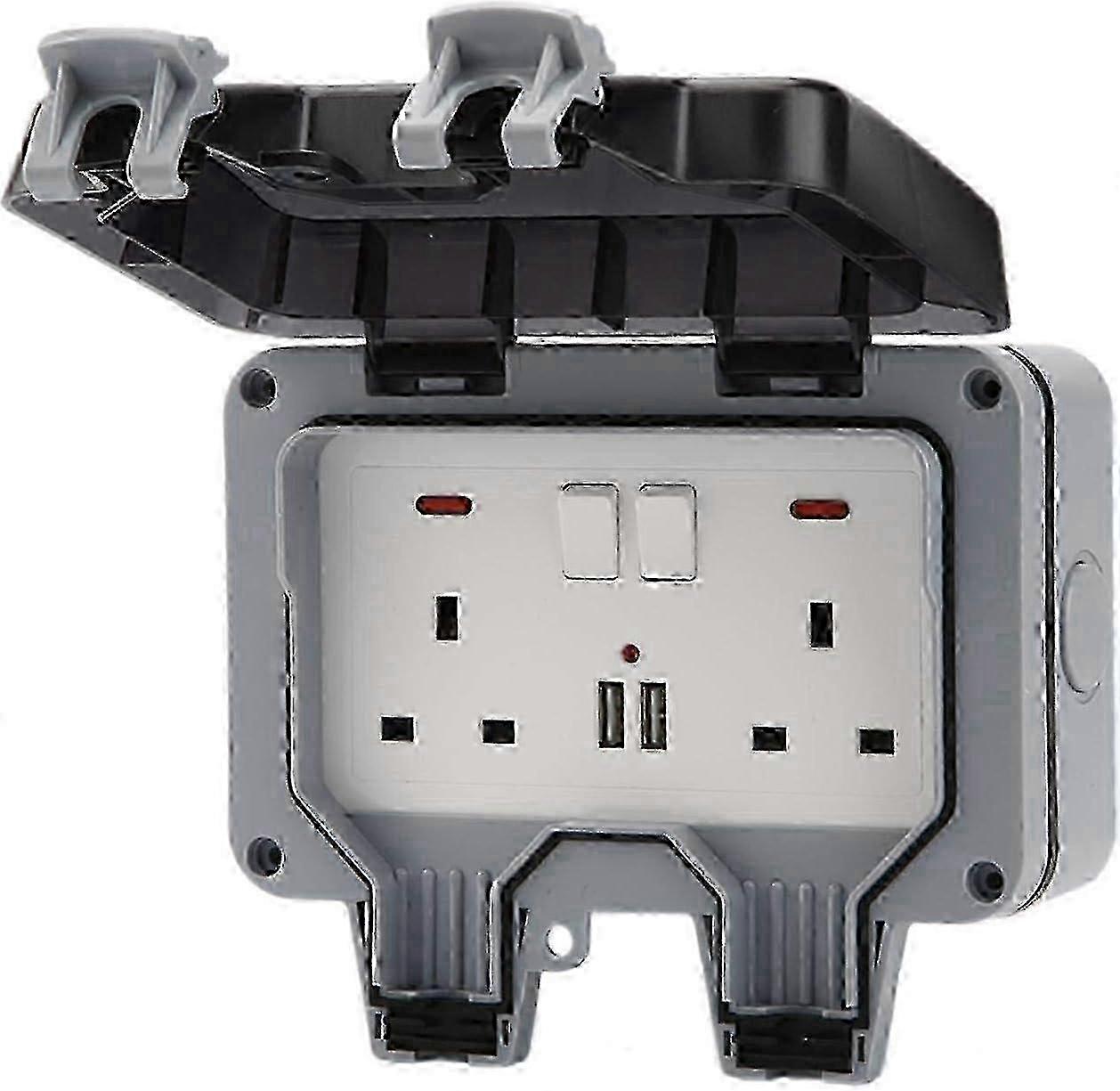 Waterproof Outdoor Wall Socket with IP66 Rating 13A Switched Plug Outlet featuring USB Charging Port for Garden and External Electrical Use