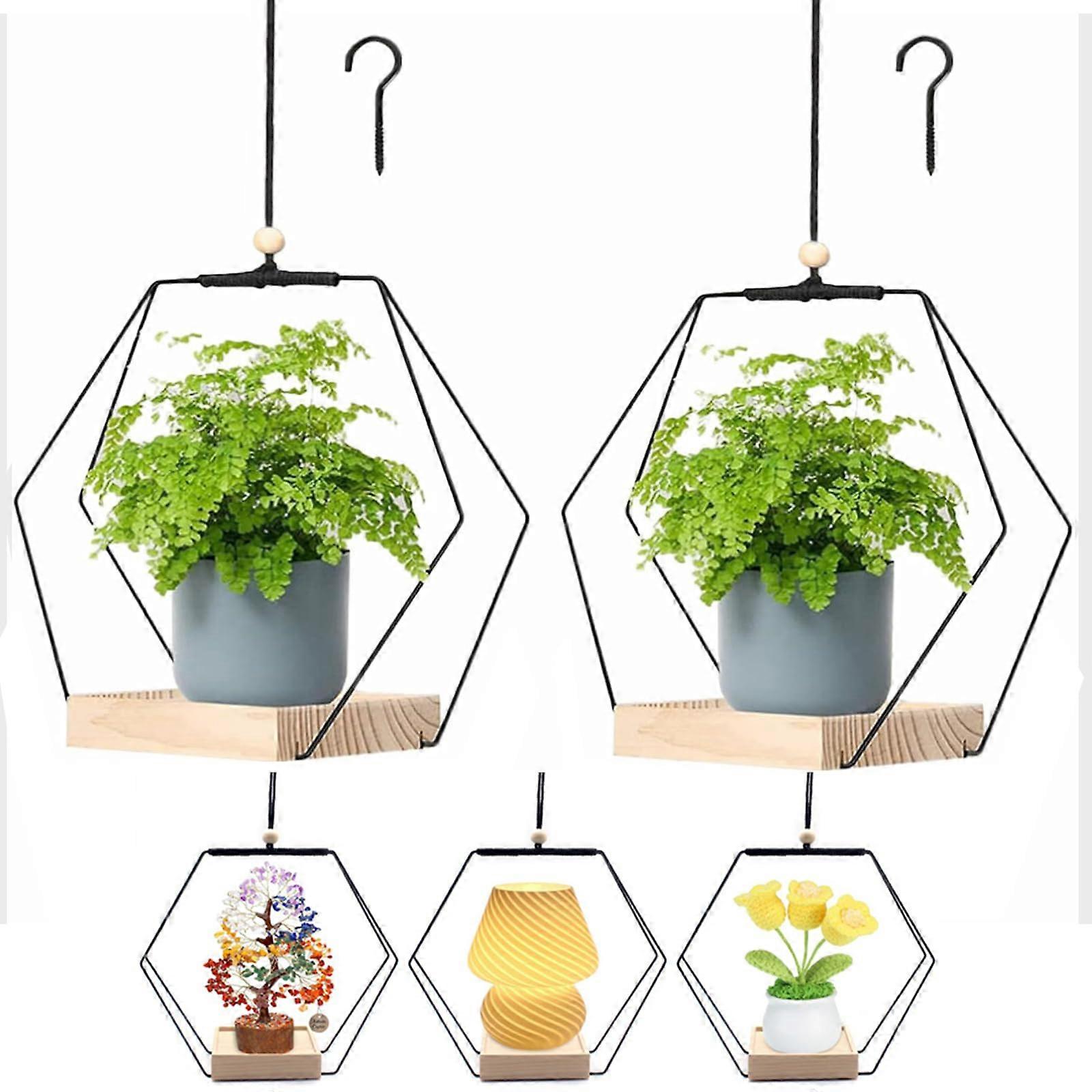 Hanging Basket Indoor Hanging Pot with Wooden Base and Hooks for Indoor and Outdoor Use, Set of 2