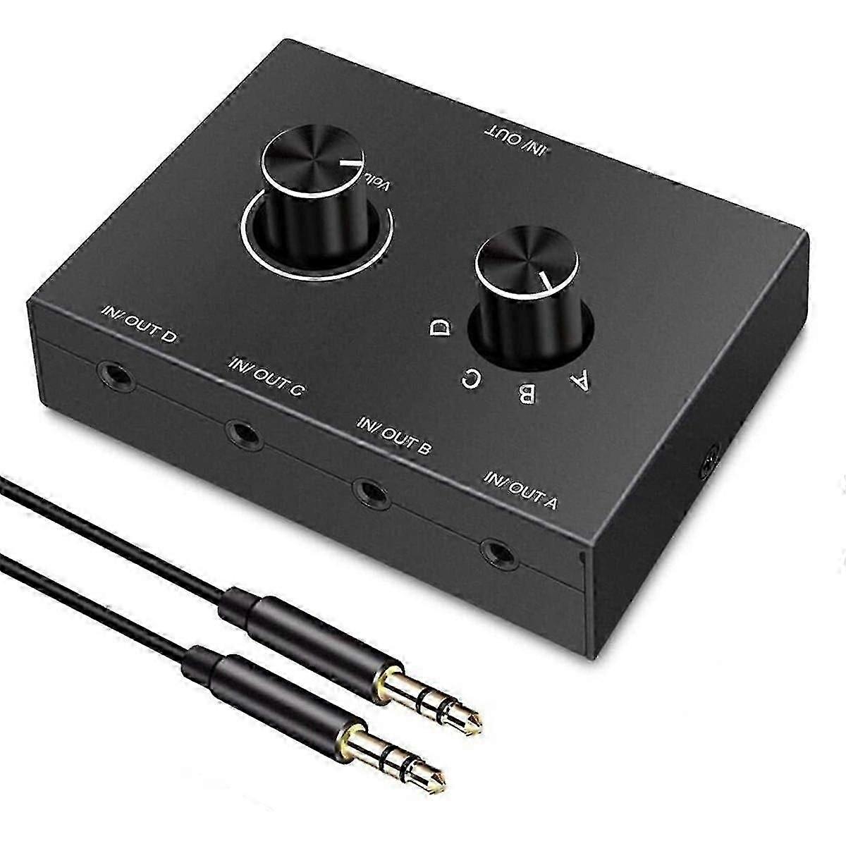 4 Port 3.5mm Stereo Audio Switcher Splitter Box, Bi-Directional 4-In-1 Out Headphone Adapter