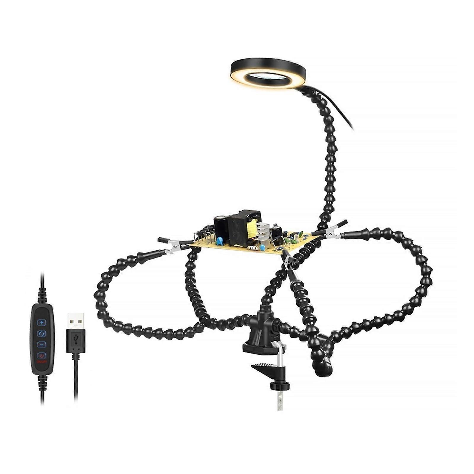 The third hand Table Clamp Soldering Third Hand with 3X USB Magnifier LED Light 5Pcs Flexible Arms PCB Holder Welding Repair Tool (Color : SN5BKUSB)