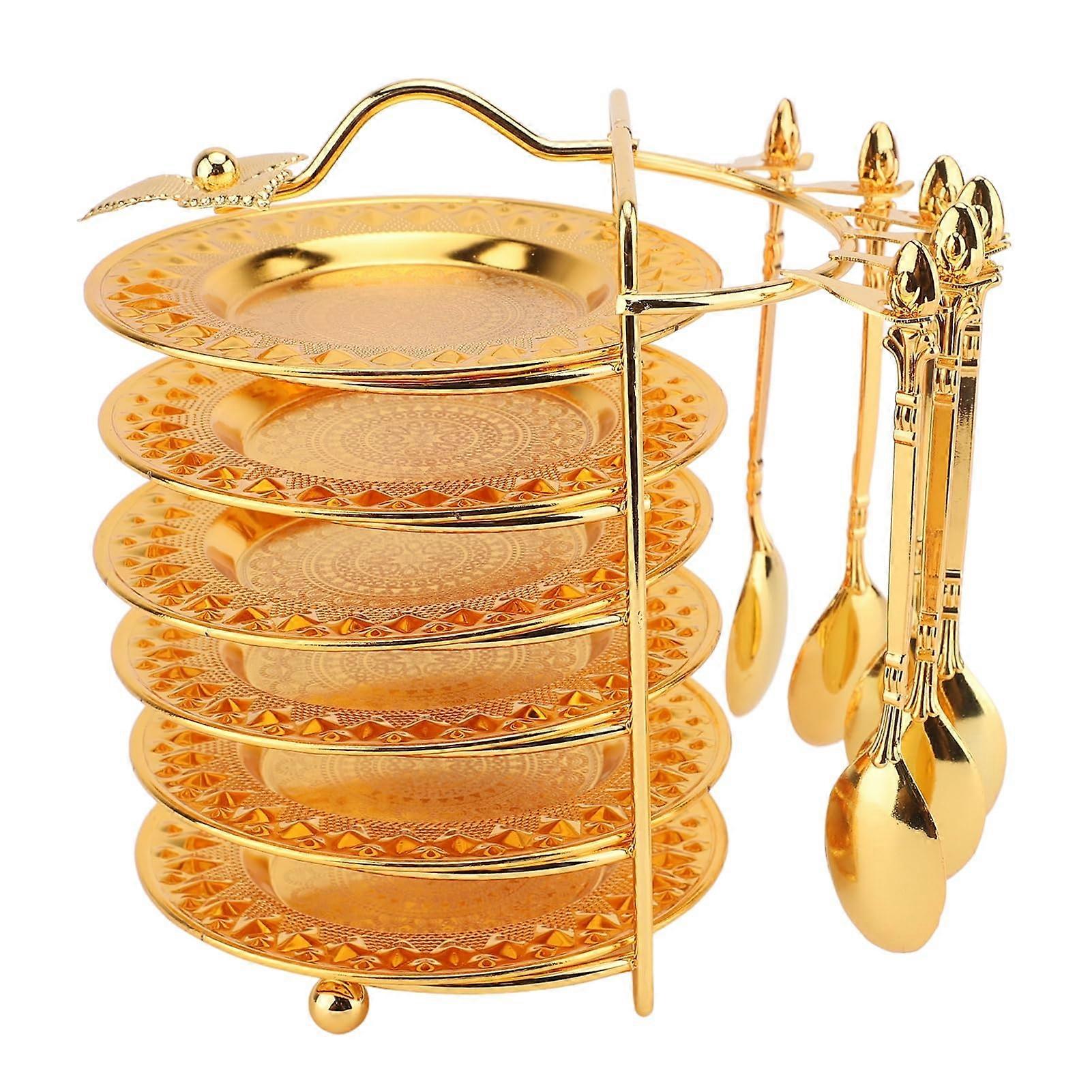 Reusable Retro Cake Fruit Tray Set, Fine Craftsmanship, Versatile, European Metal Cake Plate with Spoon and Storage Rack for Home Zinc