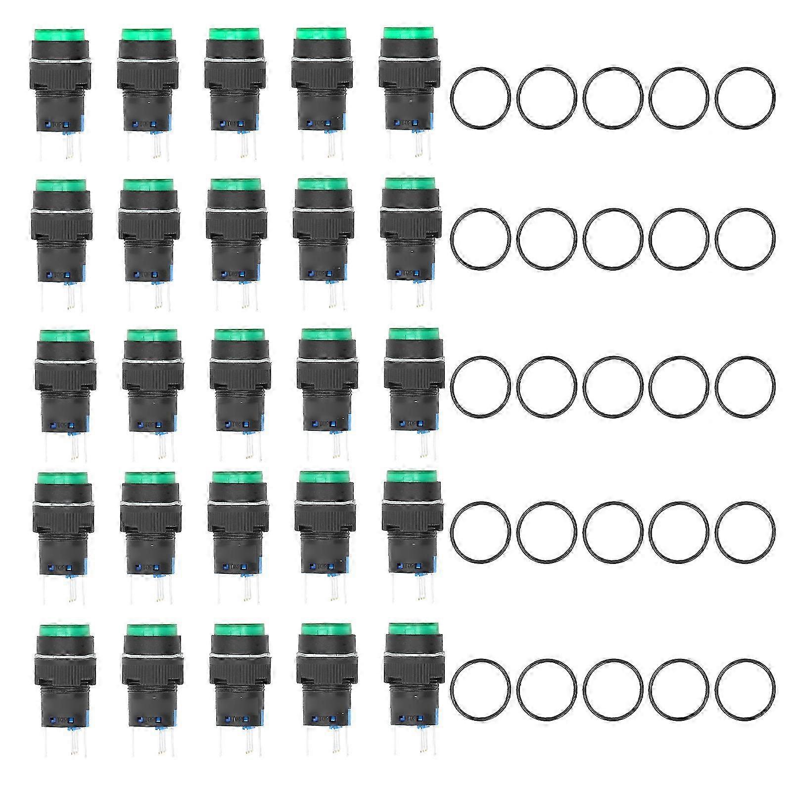 25Pcs 16mm Momentary Self Locking 5 Pin Button Switch Set Kit with Light 24V for Equipment Green