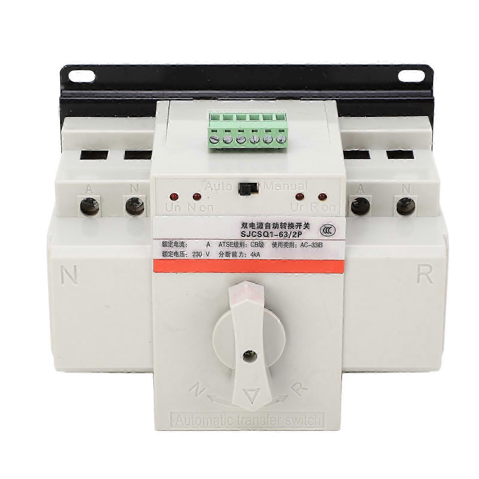 Dual Power Automatic Transfer Switch 63A 2P 4KA Breaking Electrical Selector Switch 230V Fire Protection Type