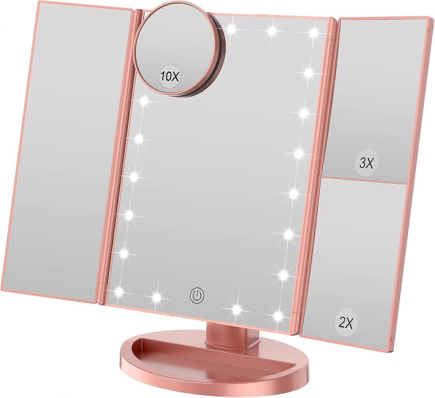 Tri-fold Vanity Mirror, 21 LEDs and 2X/3X Magnification, Touch Switch for Adjusting Brightness, Dual Power Supply mode Makeup Mirror (Rose Gold)