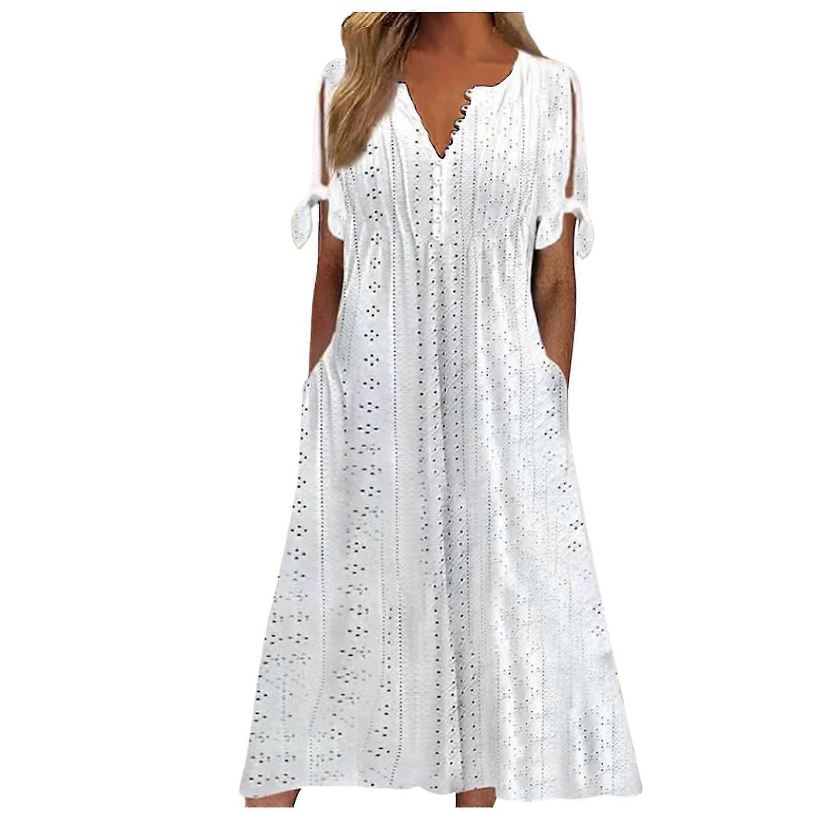 2025 Women's Casual Pleated Dress with Pockets, Bow Short Sleeve, V-Neck, Solid Lace, Midi Length, Black and White, Size M