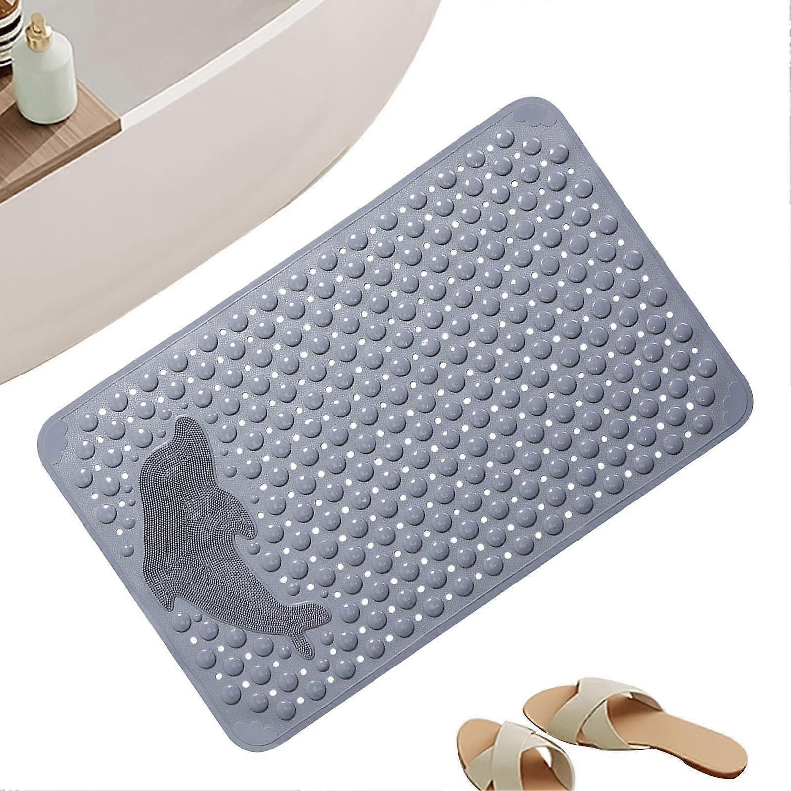 Nonslip shower mat with dolphin pattern, machinewashable thickened massage brush mat with suction cups, gray.