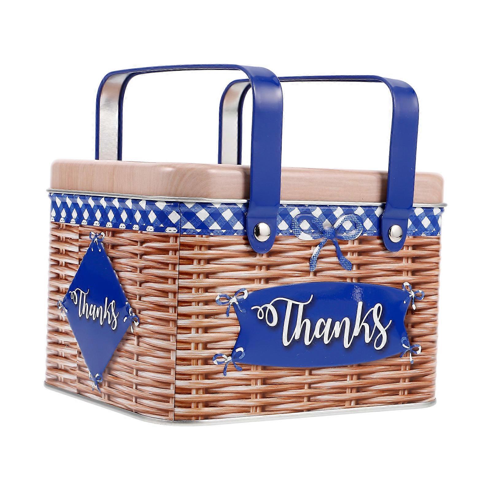 Rectangle Imitation Rattan Metal Cookie Tin Can with Handle