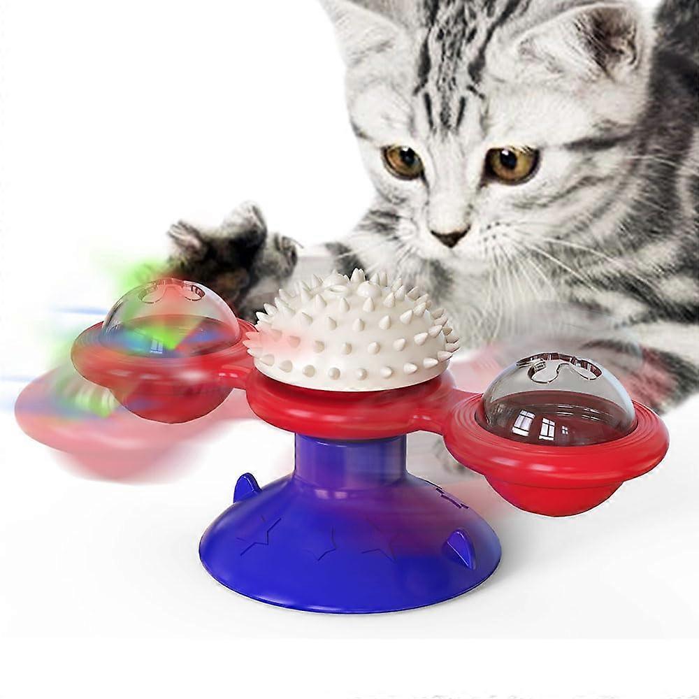 Windmill Cat Toy Carousel for Cats Interactive Scratching Toy with Rubber Brush Blue 30cm