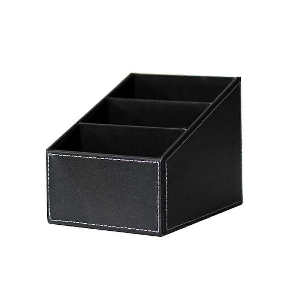 Black PU Phone Holder Storage Box for Remote Desk Decor with 3 Cells Convenient for Living