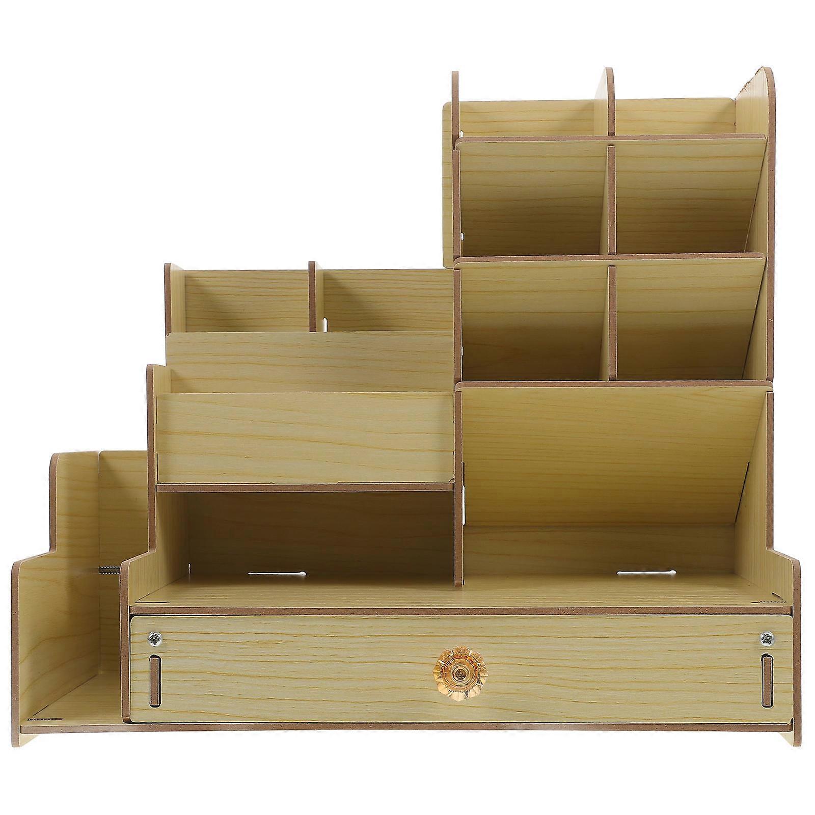 Wooden Desk Organizer with Versatile Compartments for Pens and Stationery Light Brown