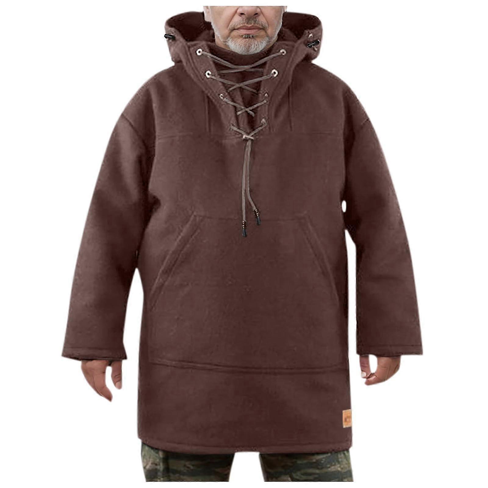 Winter Coat Men's Heavy Wool Pullover Jacket with Removable Hood, Laced Lined Parka in Coffee, Size 3XL