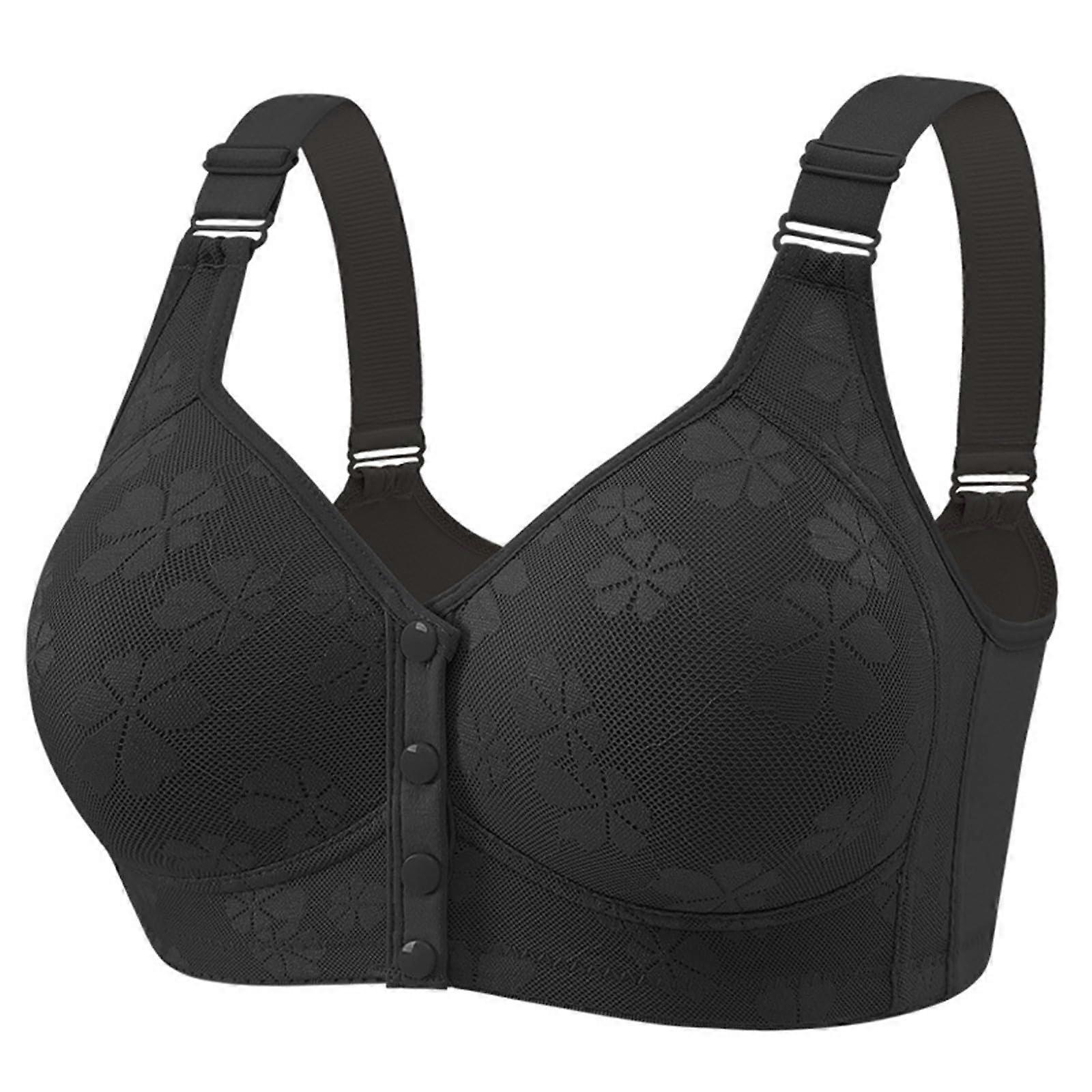 Women's Bra Without Underwire Seamless Lace Soft Bra With Adjustable Straps Posture Front Closure Nursing Black Size 9.5