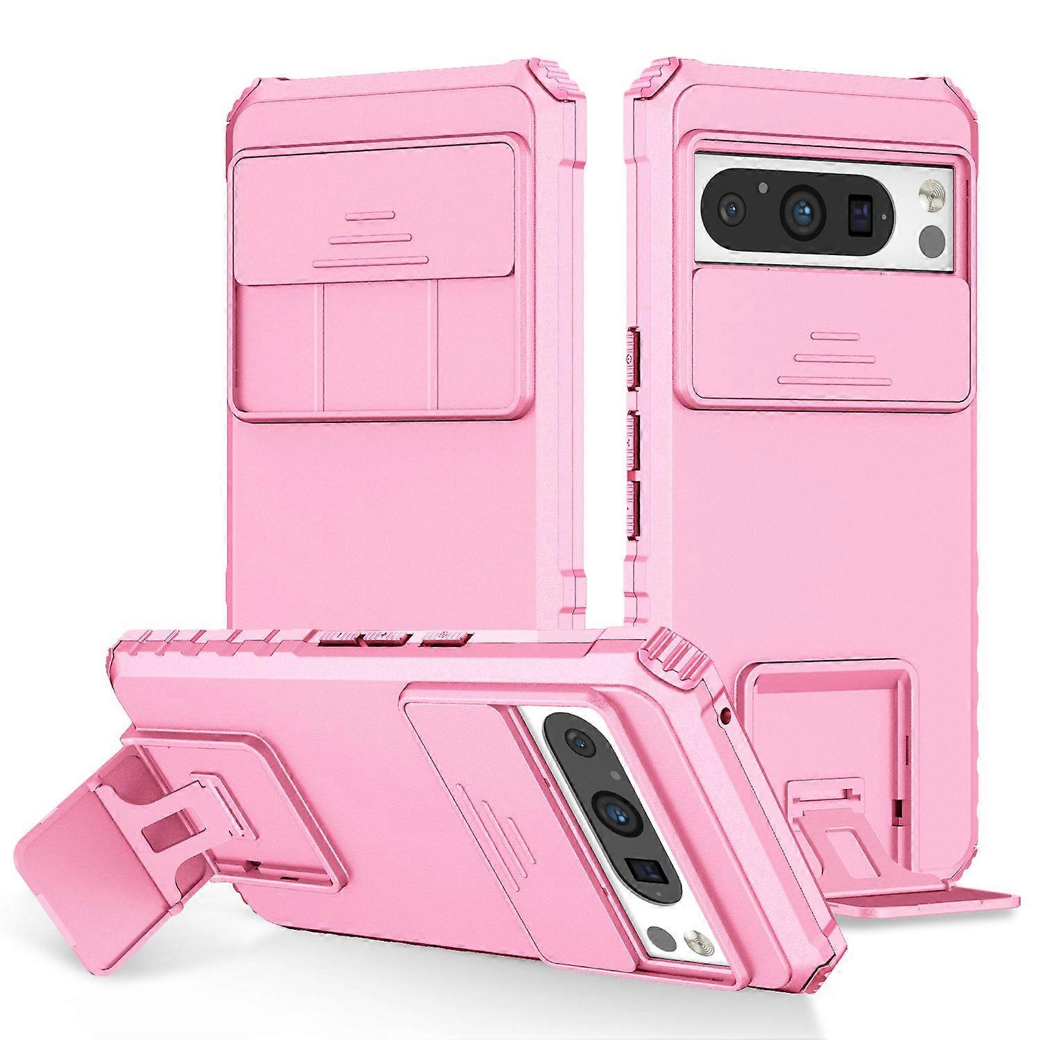 For Google Pixel 8 Pro PC + TPU Phone Protector with Slide Camera Cover Kickstand Case - Pink