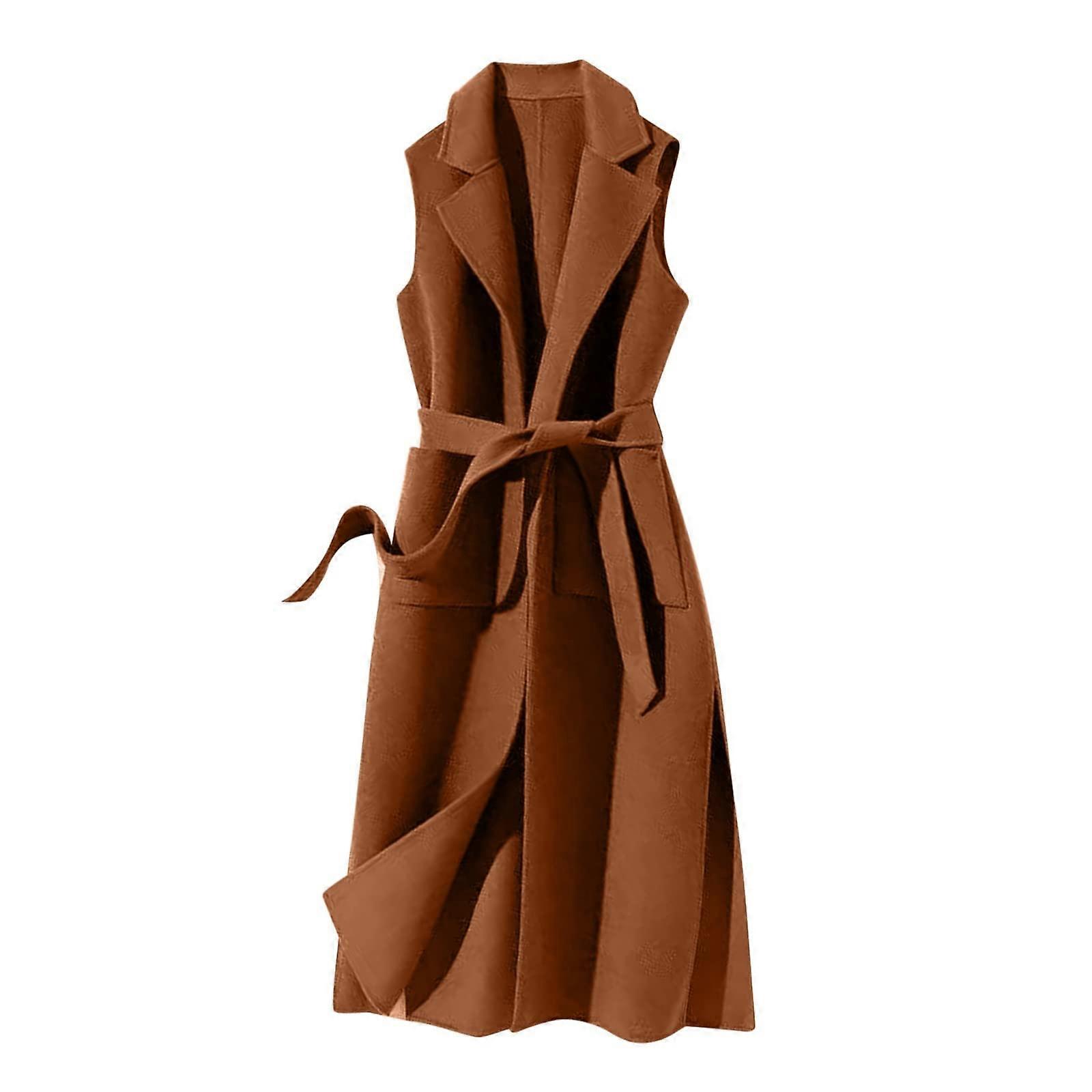 Women's Winter Fleece Vest Solid Color Long Coat Casual Modern Fitted Overcoat in Brown Size M