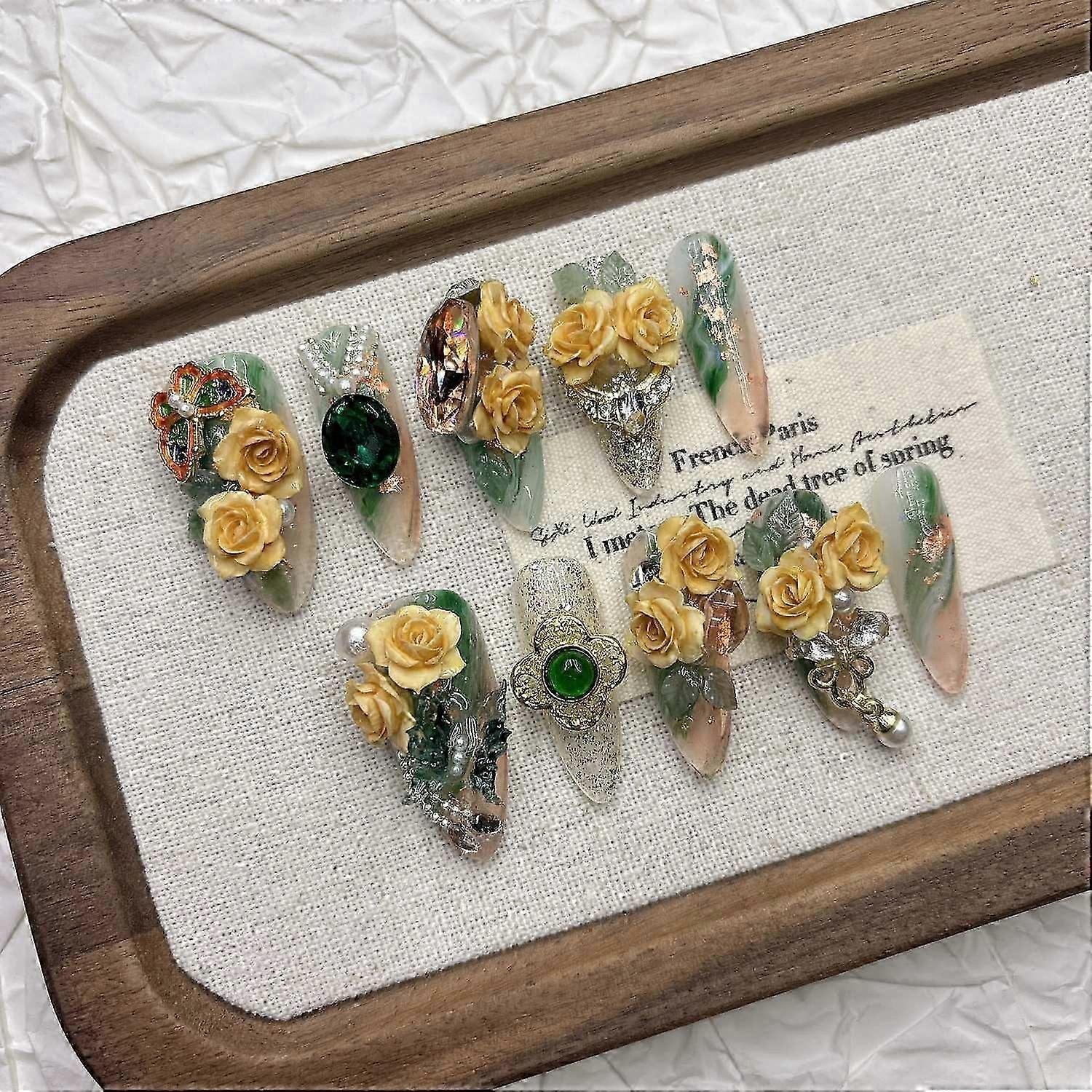 Green Press on Nails Vintage Floral Handmade False Nails