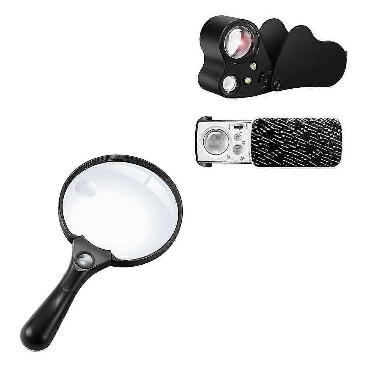 2 Pack 30X 60X 90X Jewelers Loupe Bundle with 10X 20X 45X Large Magnifying Glass with Light for Sen