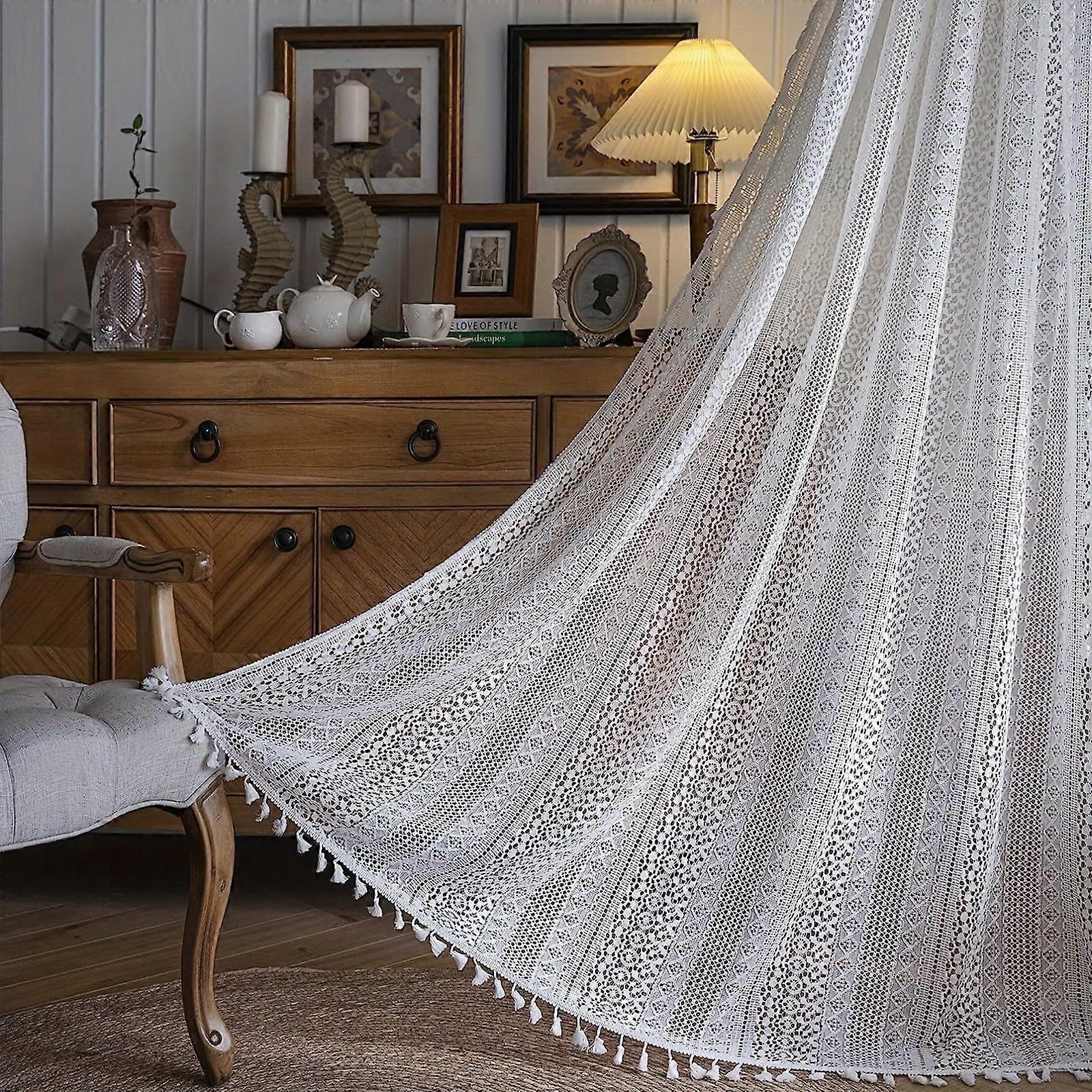Boho Farmhouse Crochet Semi Sheer Soft Embroidered Lace Rod Pocket Geometric Window Treatment Curtain Panels Drapes