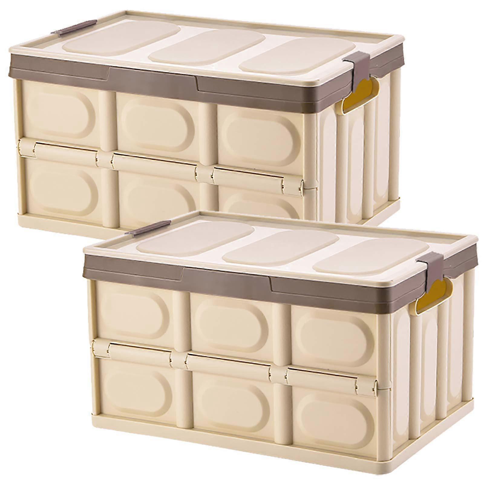 Collapsible Storage Boxes 2Pack 30L Lidded Plastic Tote Stackable Crates Khaki For Clothes, Toys, Books, Shoes, Snacks