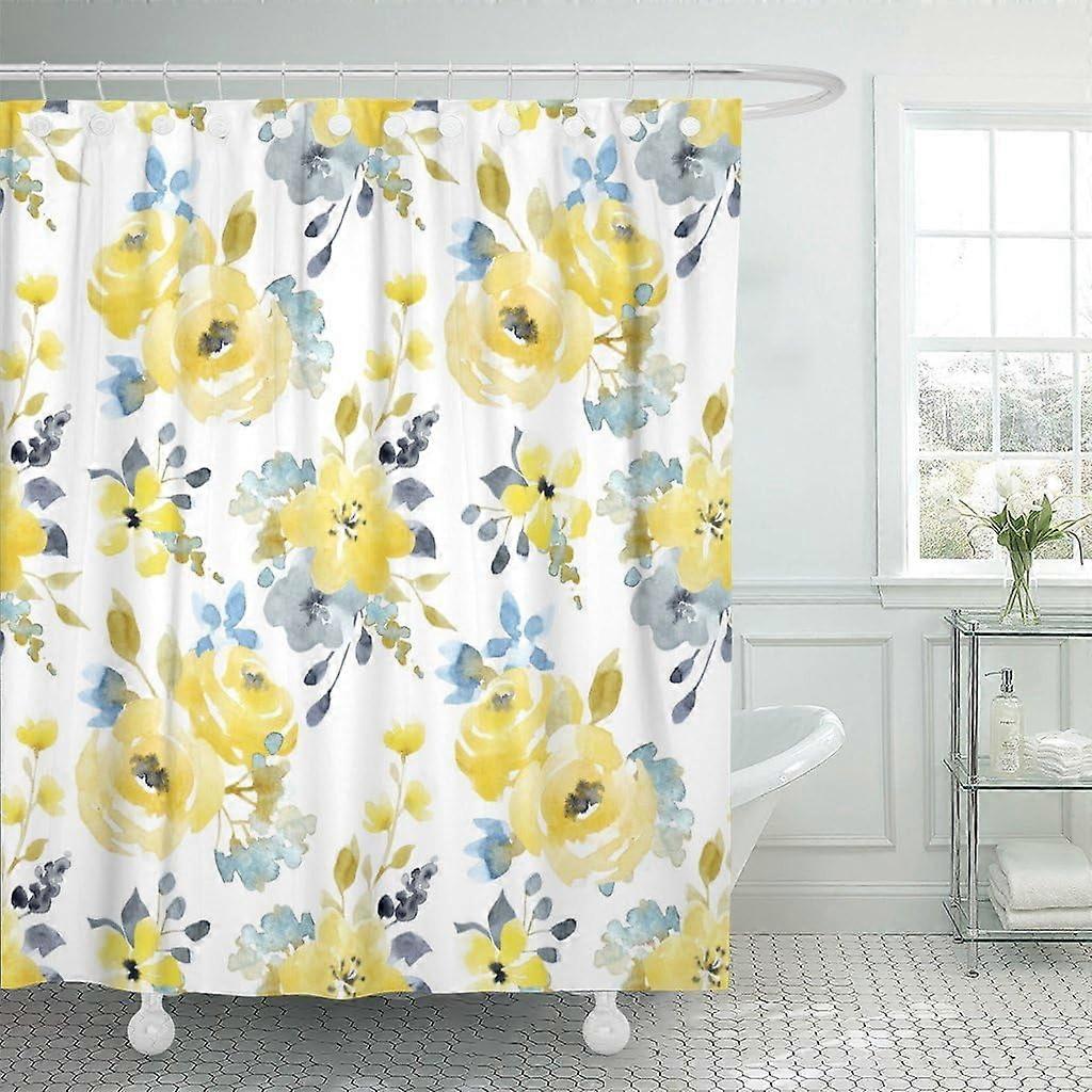 Black Floral Watercolor Shower Curtain 72x72 in Yellow Blue Abstract Pattern, Waterproof Polyester with Hooks