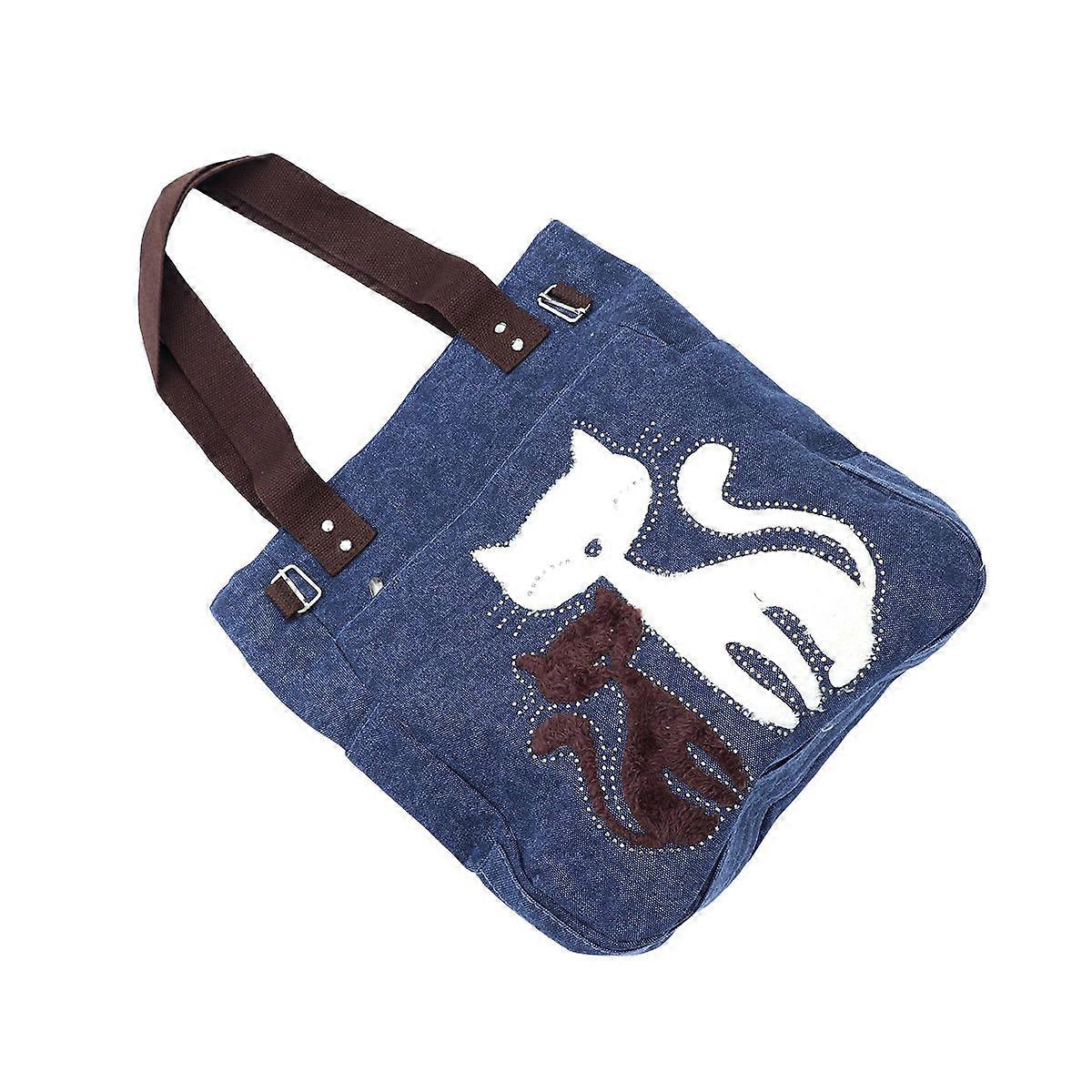Cat Pattern Women's Canvas Tote Bag Large Size for Supermarket Grocery Shopping Dark Blue Zip Closure 1Pcs