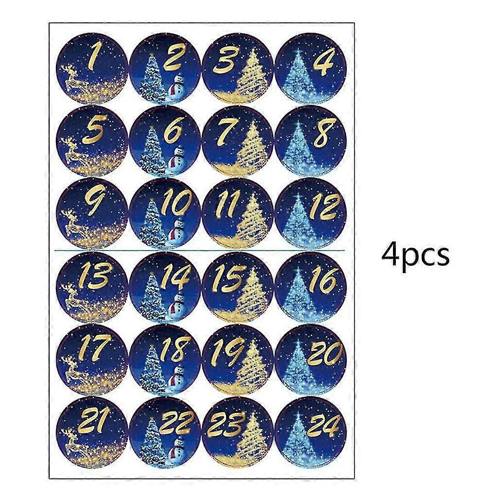 4 Sheets 96pcs 24 Christmas Countdown Round Stickers Cookies Candy Bag Sealing Advent Calendar Number Adhesive Labels