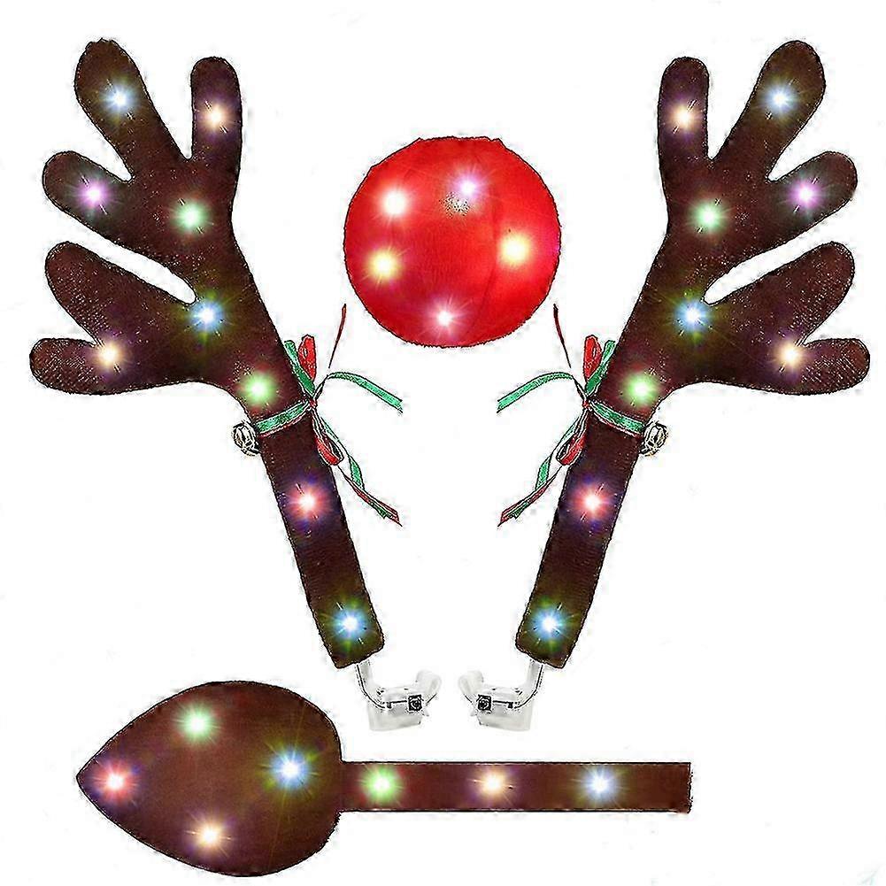 Reindeer Car Decoration Set with Antlers Tail and Red Nose 3 Modes LED Lights