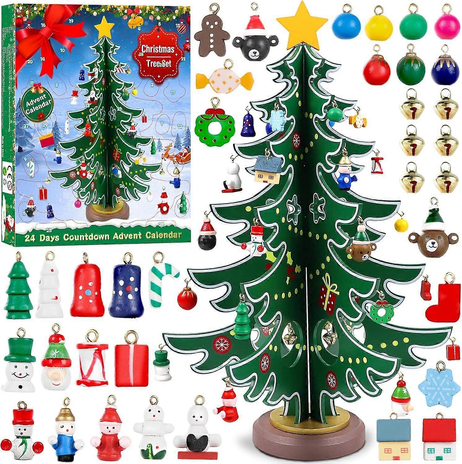 Xmas Advent Calendar 2025, 24 Days Countdown Surprises Tabletop Wooden Xmas Tree with 36 Ornaments Countdown Advent Calendar MIni Xmas Tree Desk Decor