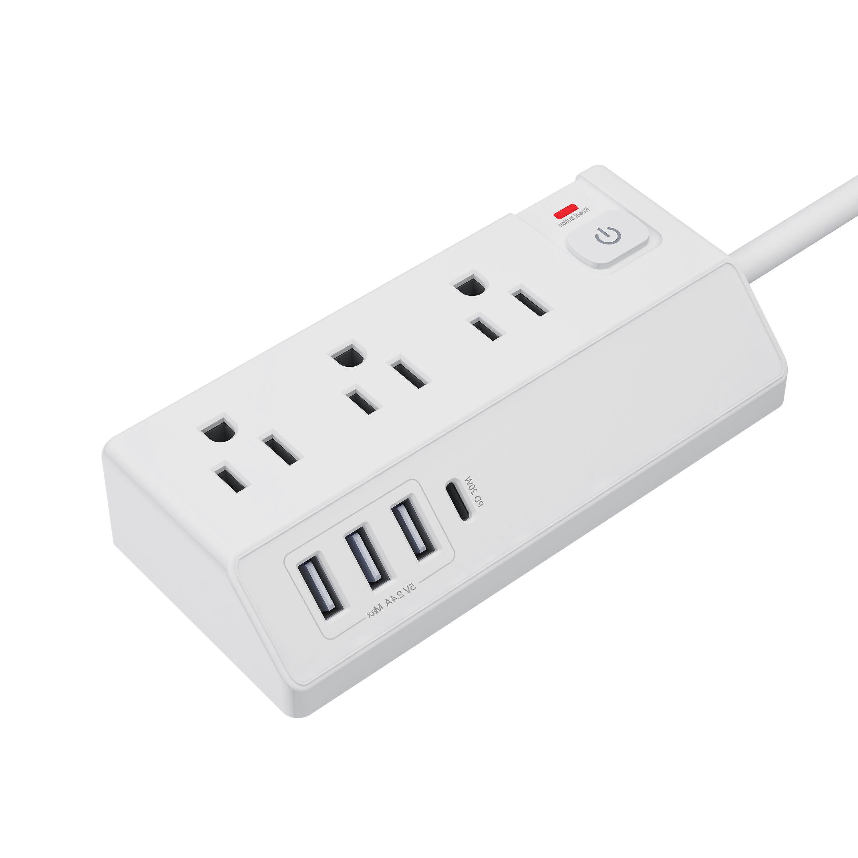 Lightweight Power Socket US Plug Electrical Socket Extension Cable Feature Flat Plug 3xOutlets and 3 USB & 1 USB C Port Multicolor