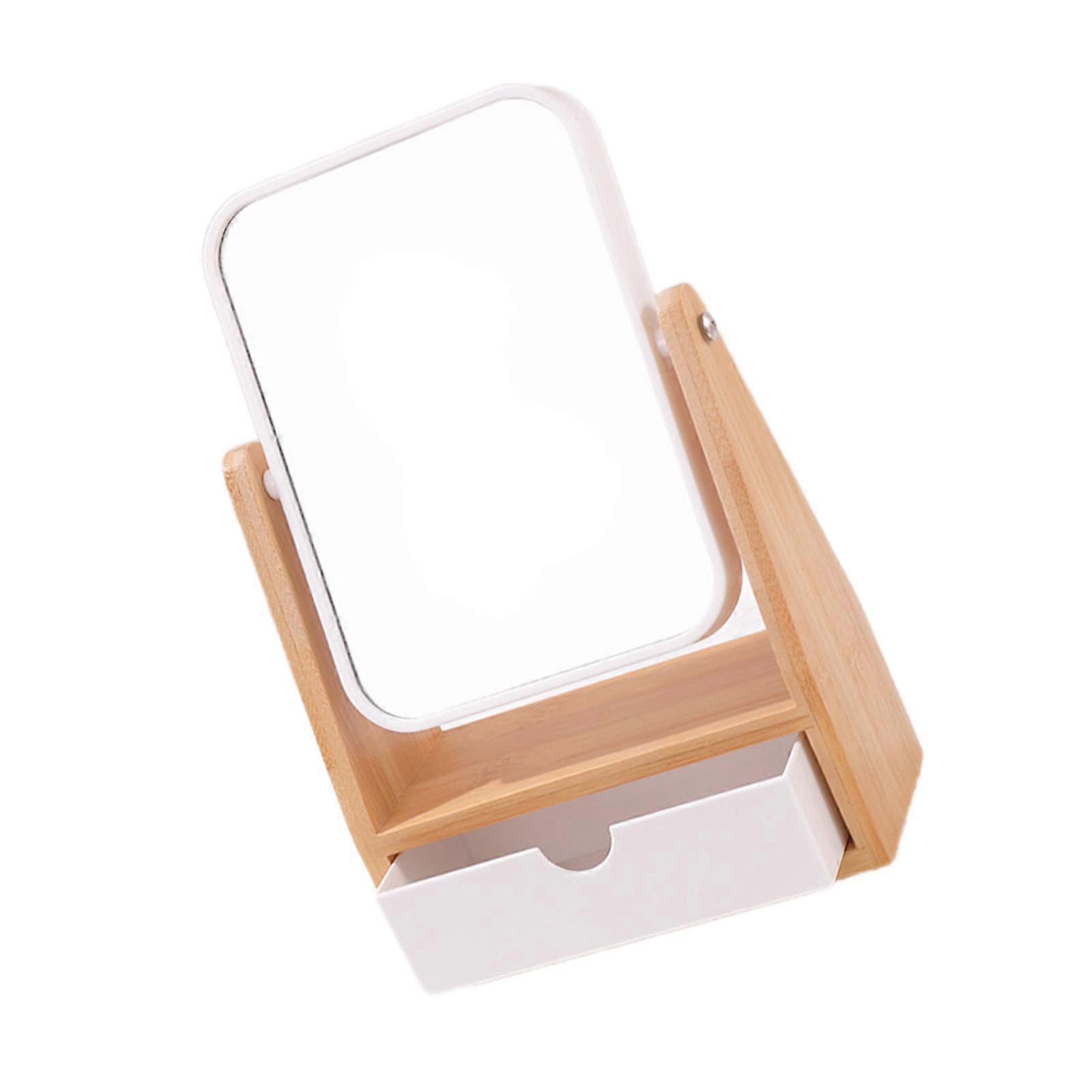 Multipurpose Round Bamboo Stand Mirrored with Drawer Box Desktop Beauty Mirrored with Holder for Makeup Application Multicolor