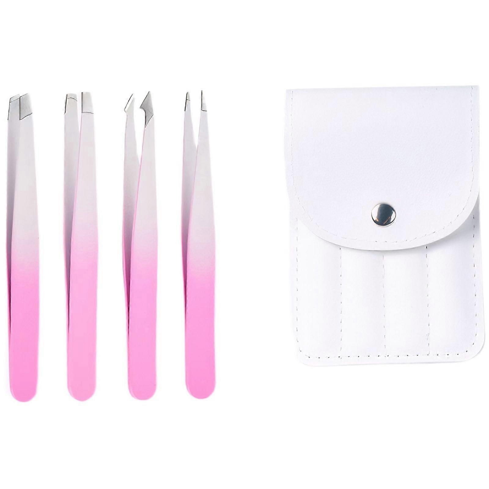 Tweezers Set with 4 Precision Stainless Steel Tools for Eyebrow Shaping and Grooming, Light Pink