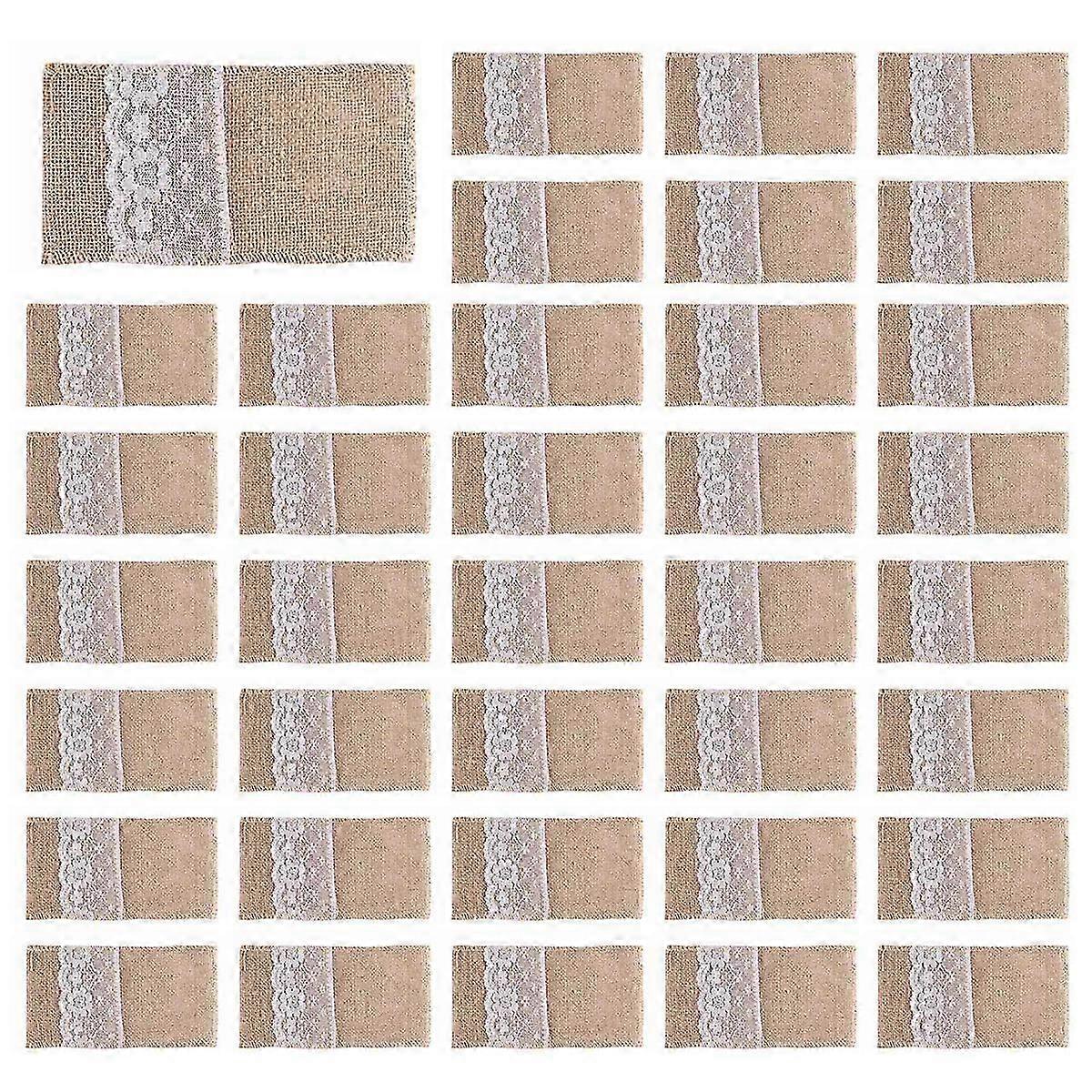 100Pc Burlap Lace Cutlery Pouch Tableware Knife Fork Holder Bag