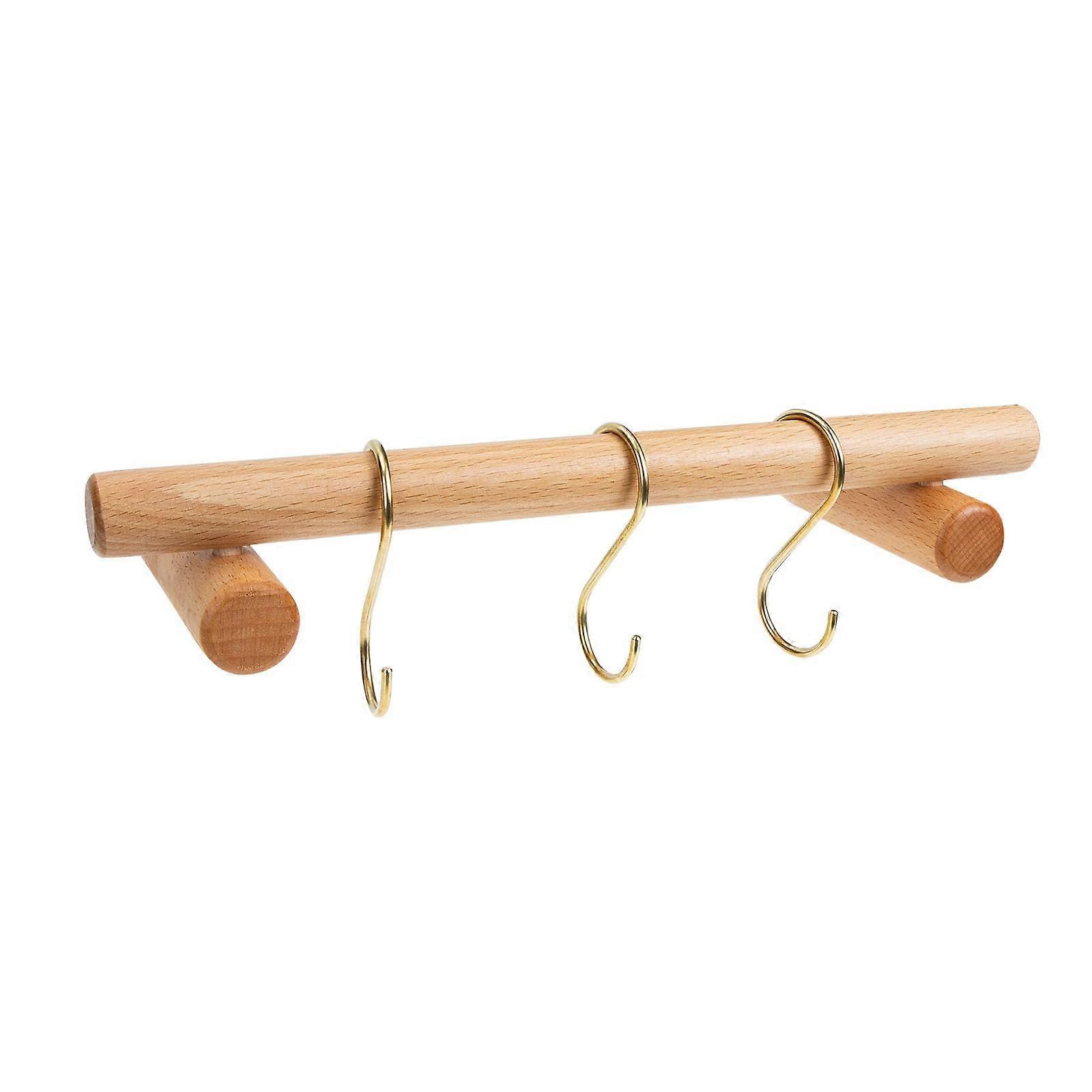 Beech Wood Wall Mounted Bathroom Towel Rack with Brass Hooks, SpaceSaving QuickDry Holder