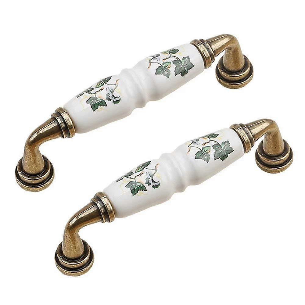 White Ceramic Cabinet Handles with Leaf Pattern, 96mm Drawer Pulls Zinc Alloy Wardrobe Door