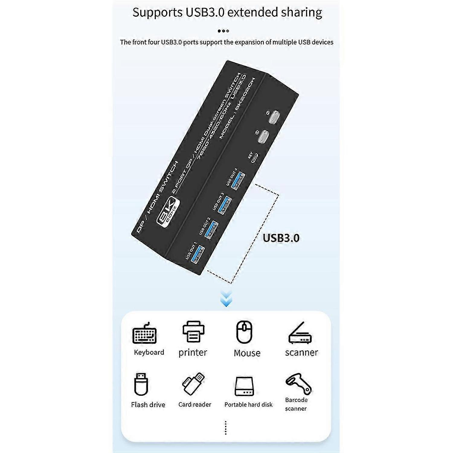 8K 60Hz DP/HDMI-compatible KVM Switch USB 3.0 2 Monitors EU Plug