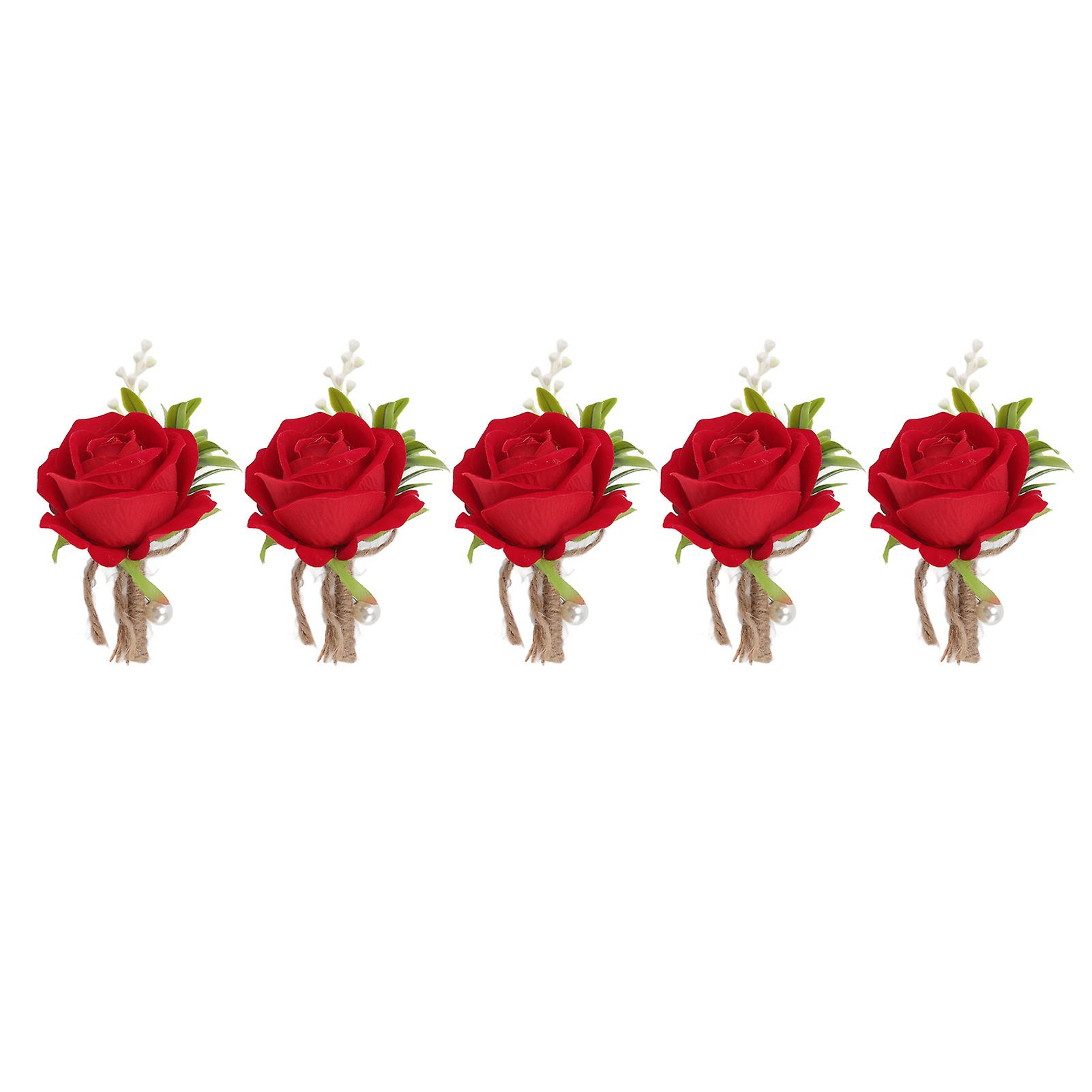 5 Pcs Plastic Wedding Boutonniere Pins, Artificial Flowers Fixed for Bride and Groom, Red