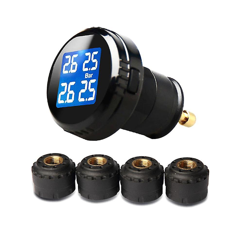 Black Tire Pressure Monitor With 4 External Cap Sensors Wireless Tire Pressure Monitoring System Tpms Cigarette Lighter Plug Lcd Blue Backlight Displa