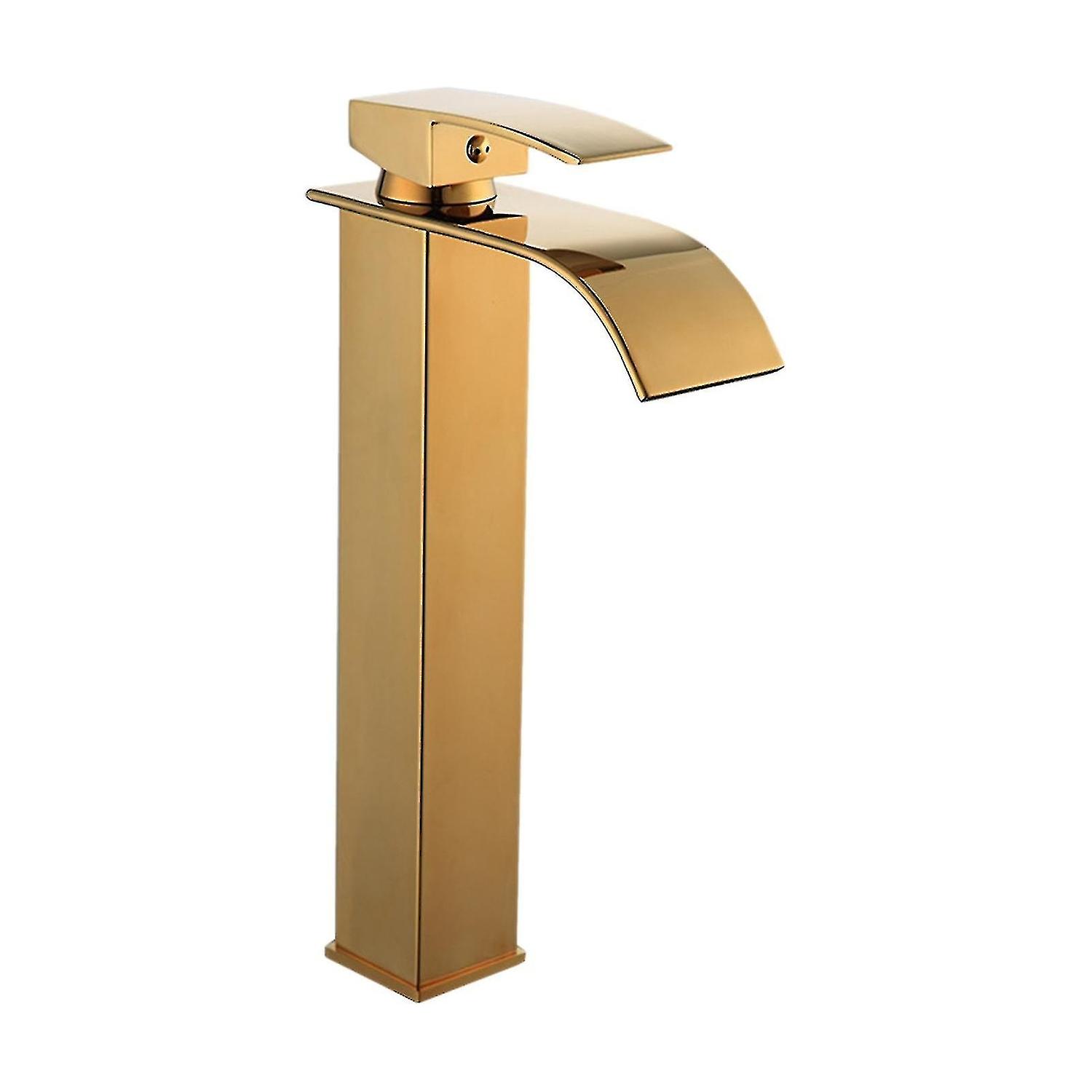 Golden Waterfall Faucet Bathroom Sink Faucet Brass Basin Faucet Tall Single Handle Mixer Faucet Hot