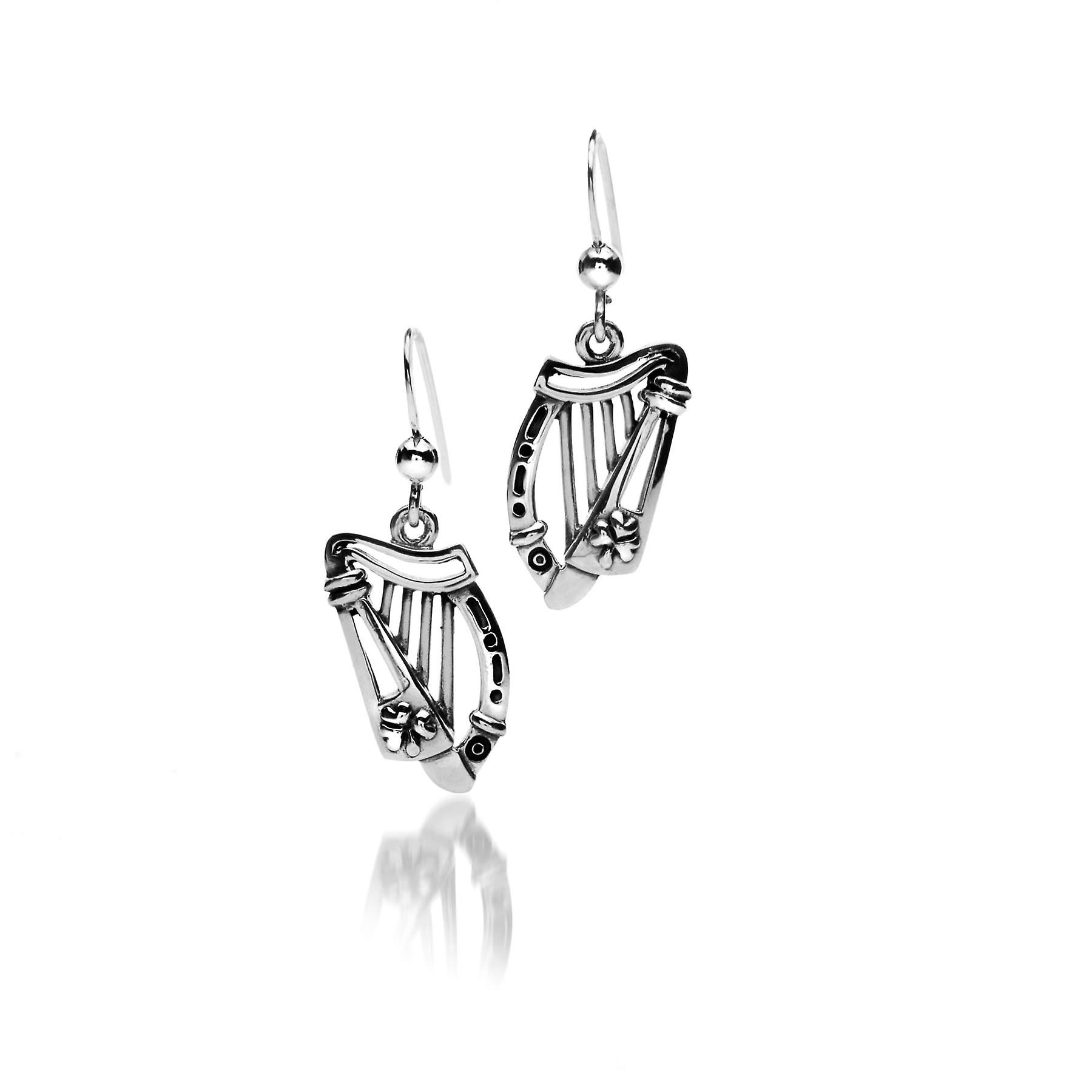 Sterling Silver Earrings - Celtic Harp + Shamrock